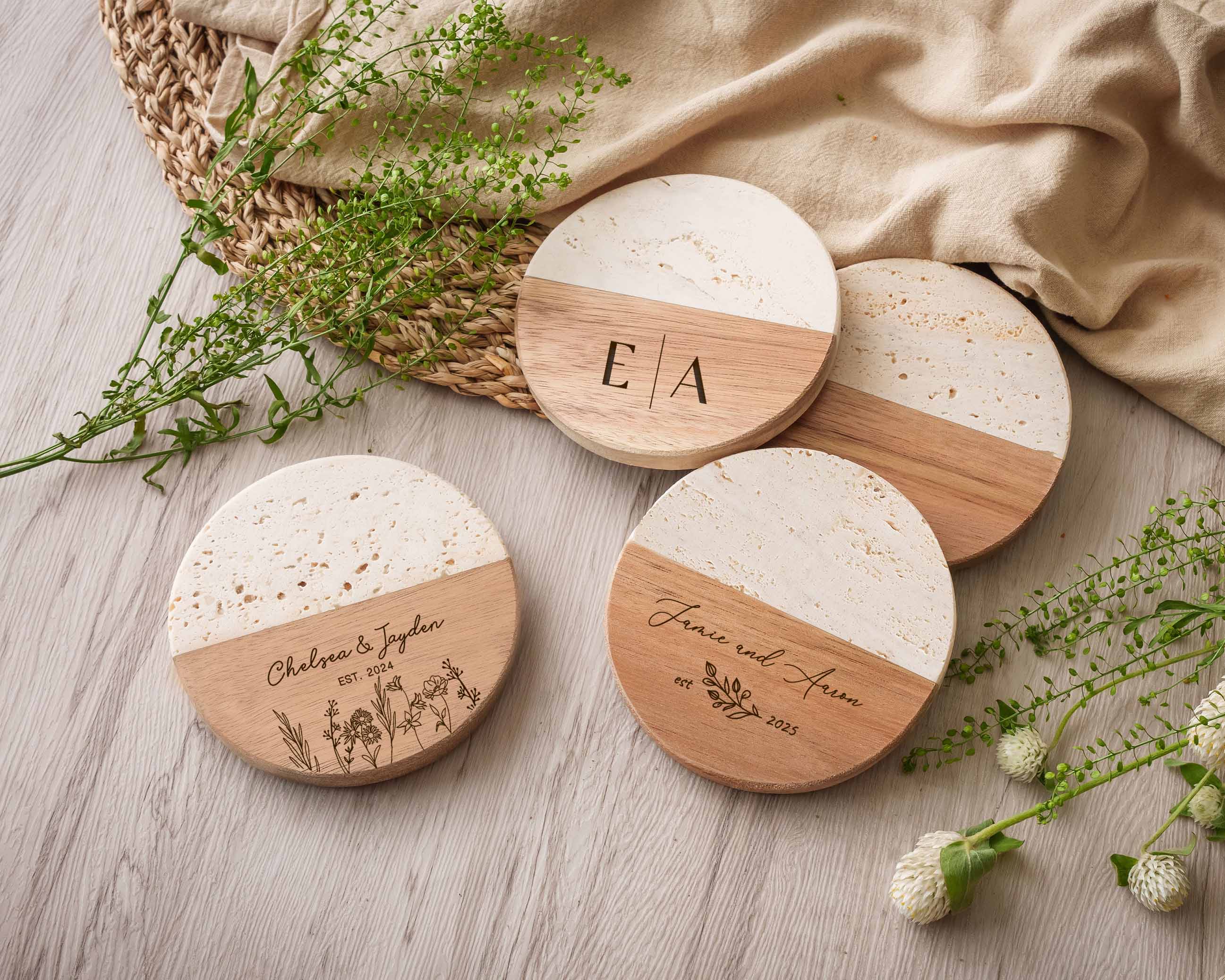 Travetine Wood Marble Coaster Set