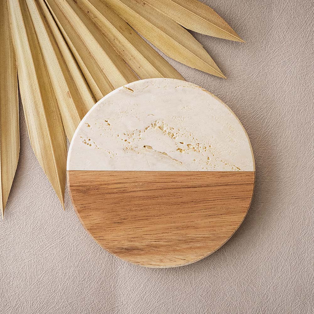 Travetine Wood Marble Coaster Set