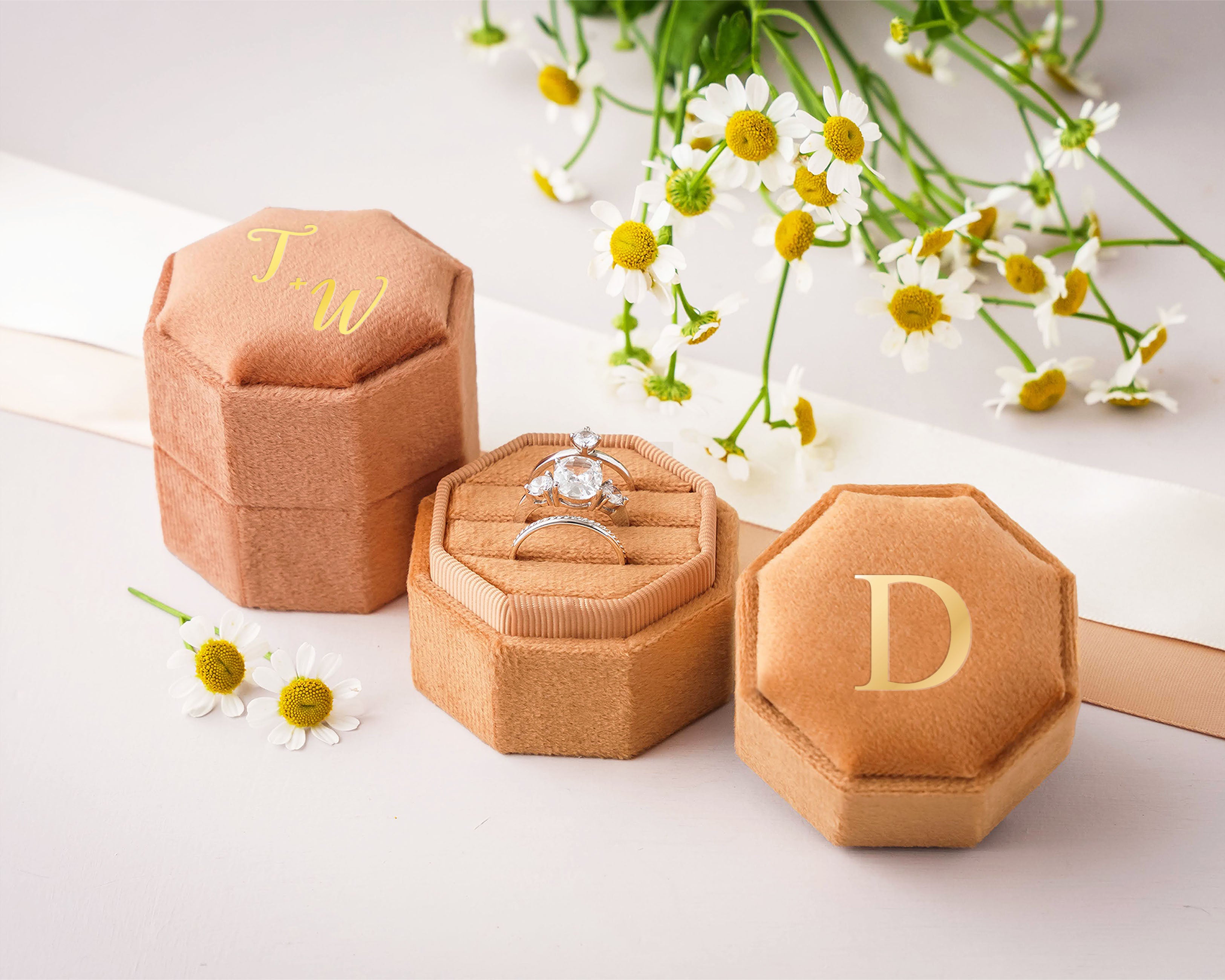 Triple Slot Octagon Velvet Ring Box