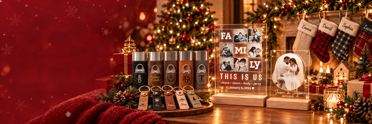 Personalized Christmas gifts by a fireplace: engraved leather cigar cases in five colors, acrylic family photo plaque, keychains and name stockings