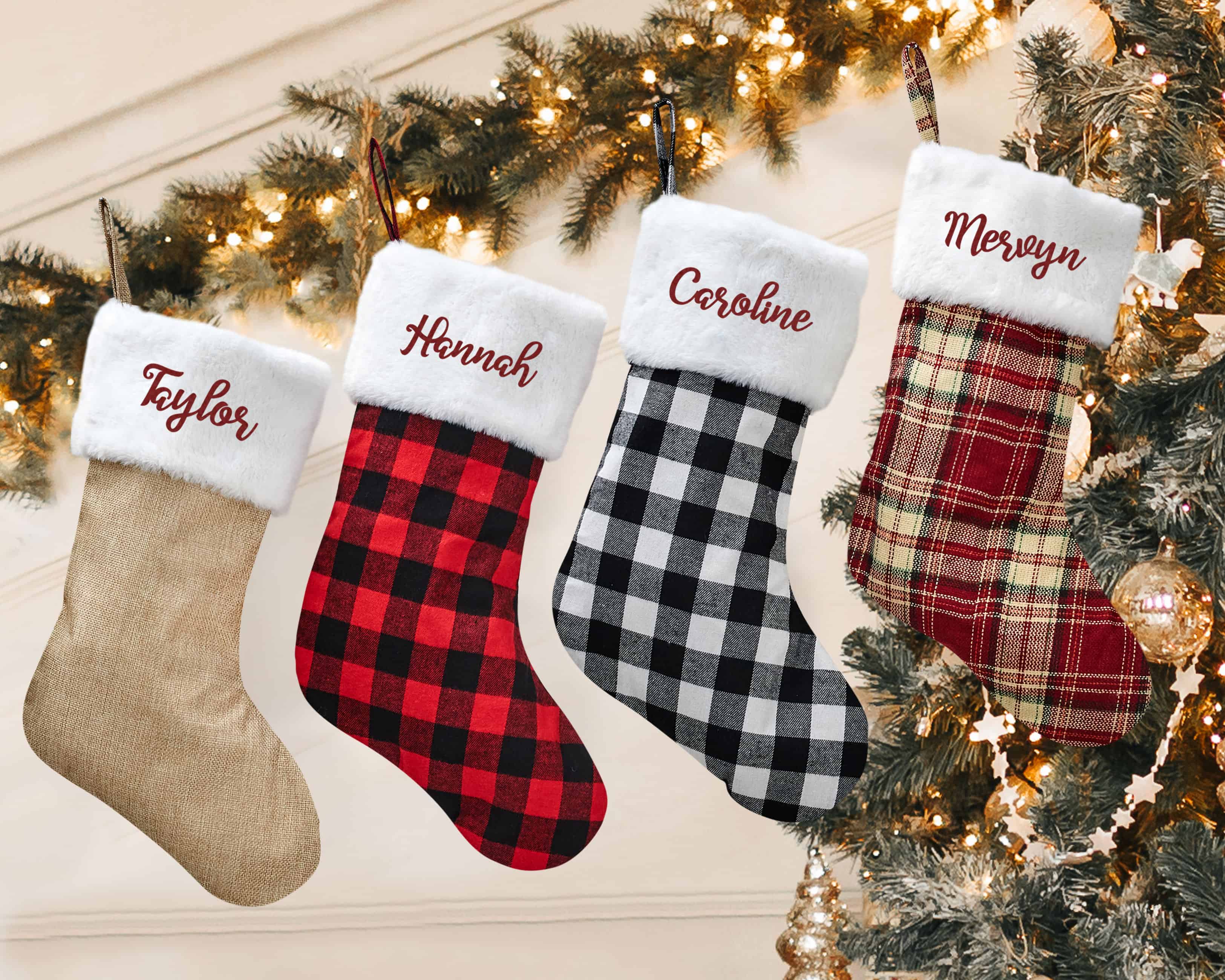 4 different types of personalized buffalo plaid stockings with initials - Hundred Hearts