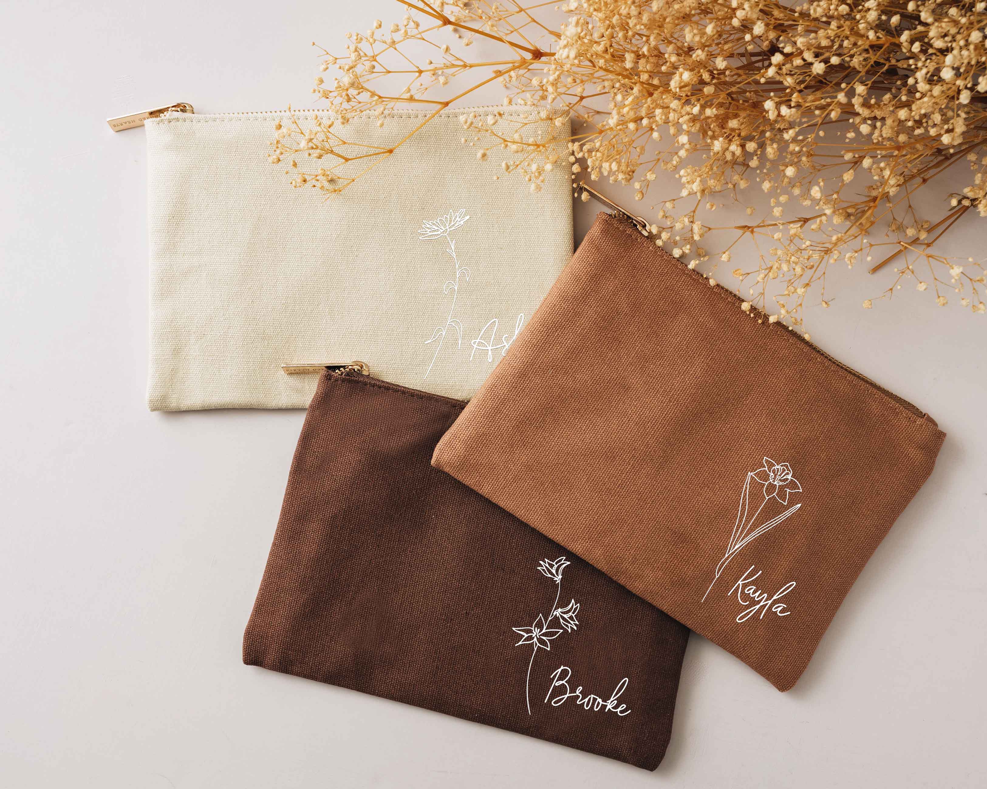 Espresso, caramel and oat Personalized Cosmetic Bags with birth flower image and name.