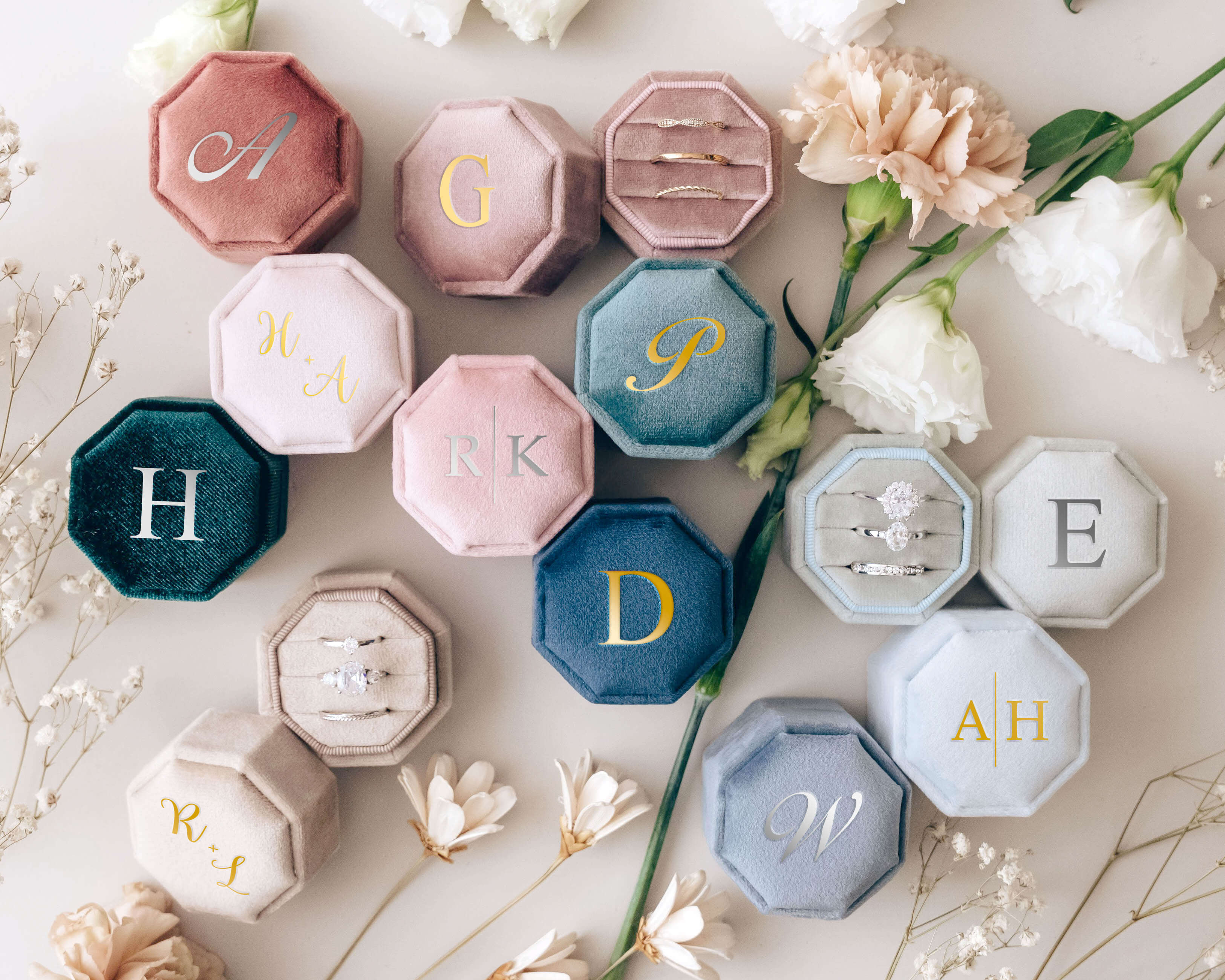 Custom Triple Slot Velvet Wedding Ring Holder with monogram initials and design