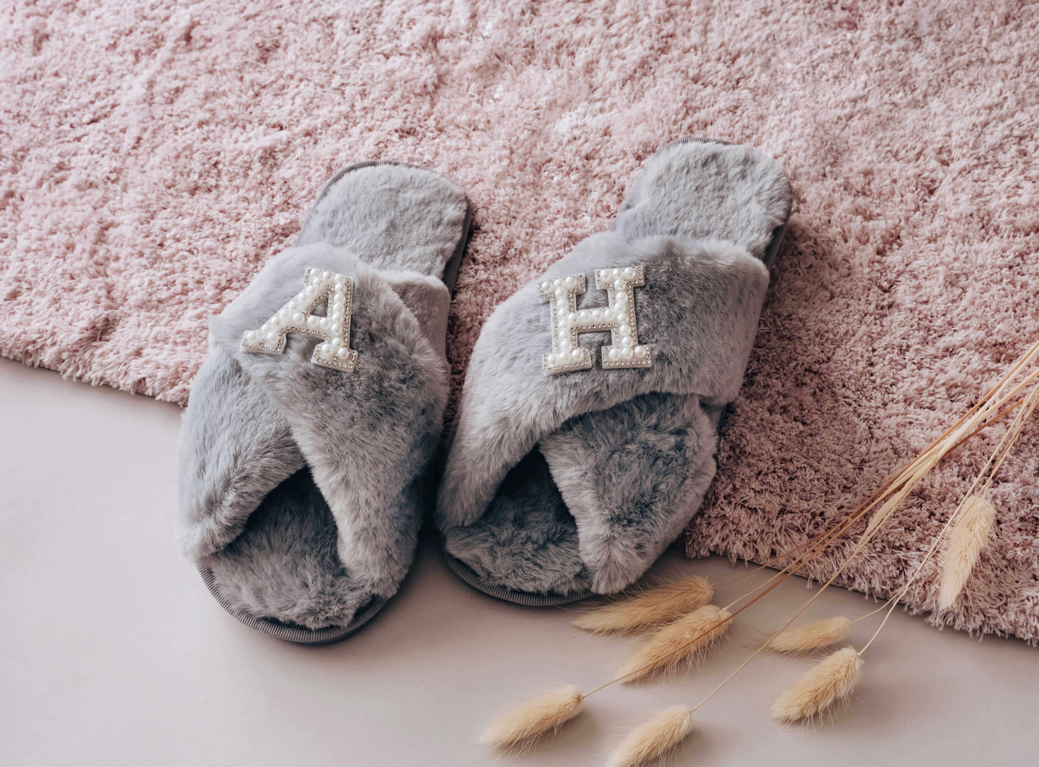 Pearl Bride Slippers - Personalized Grey Slippers with custom pearl rhinestone text design.