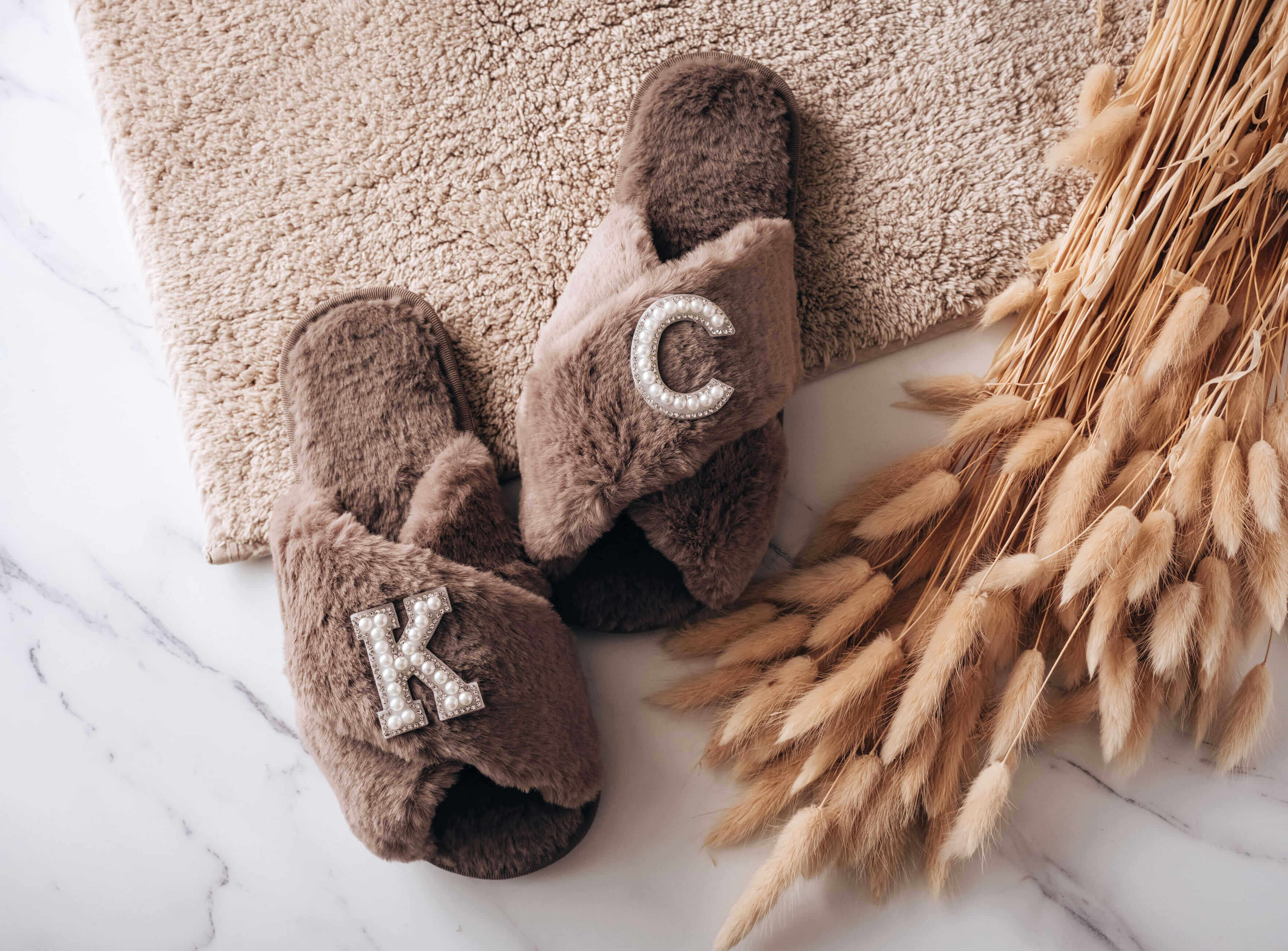 Pearl Bride Slippers - Personalized Moca Slippers with custom pearl rhinestone text design.