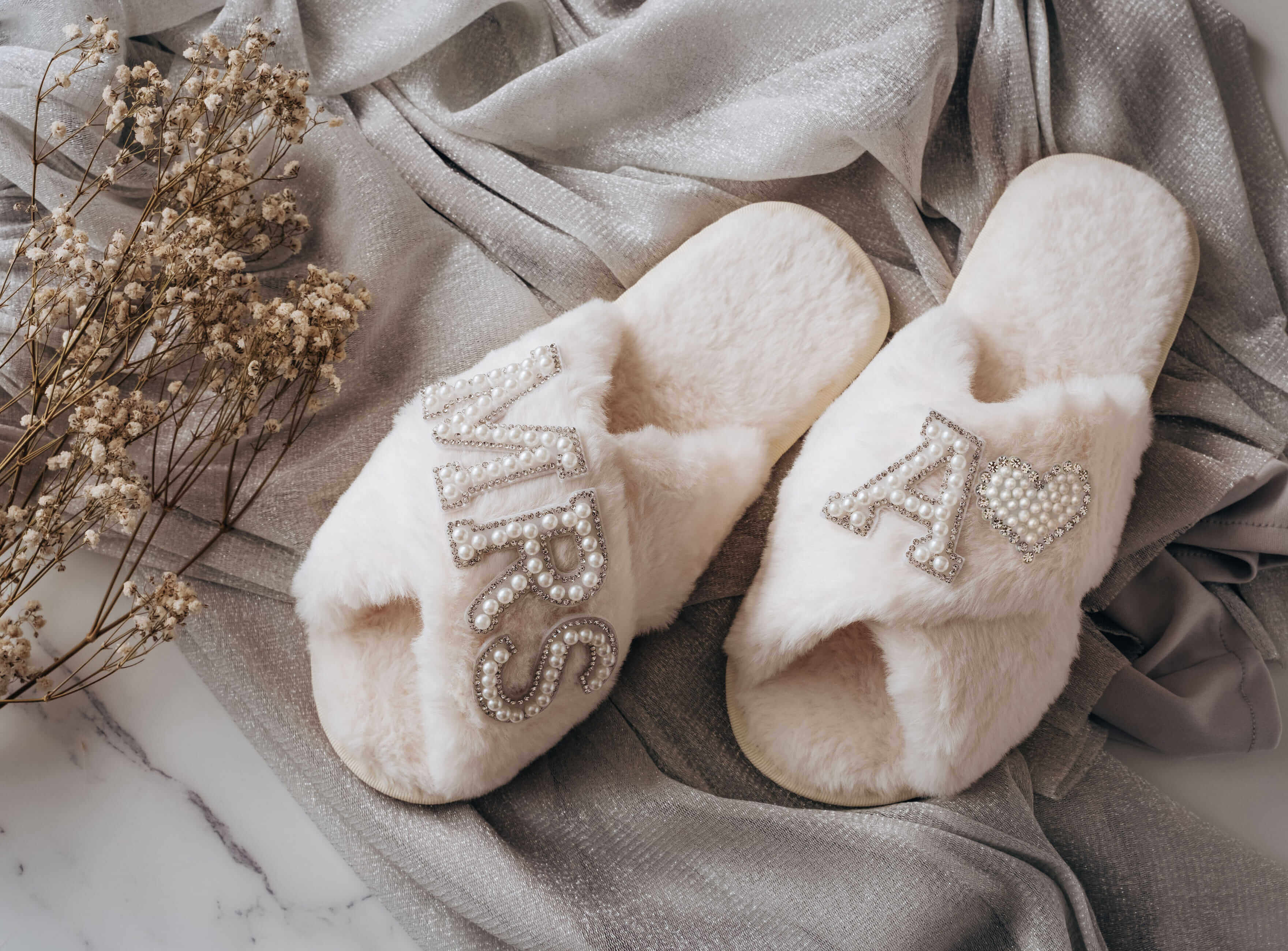 Pearl Bride Slippers - Personalized White Slippers with custom pearl rhinestone text design.