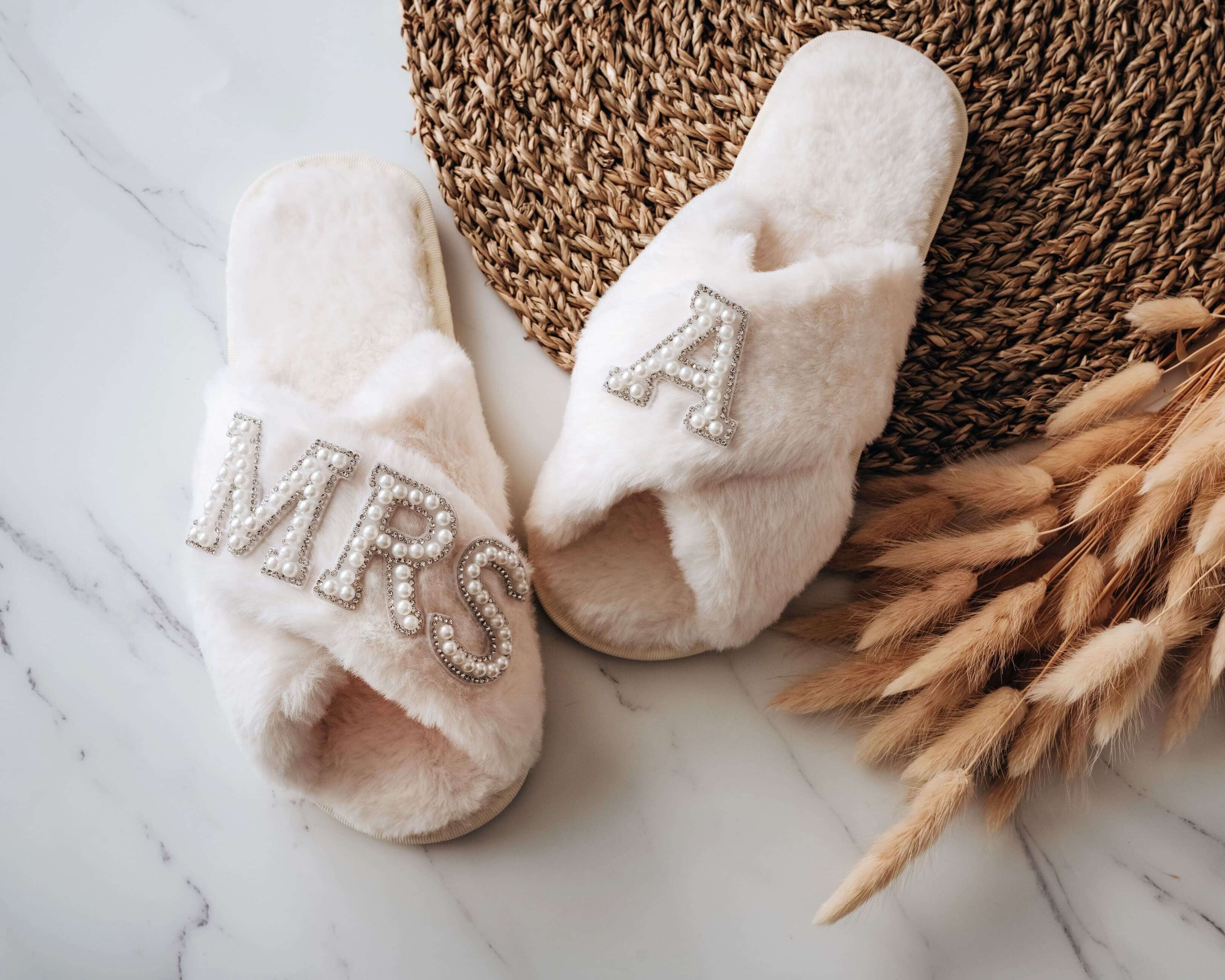 Pearl Bride Slippers - Personalized White Slippers with custom pearl rhinestone text design.