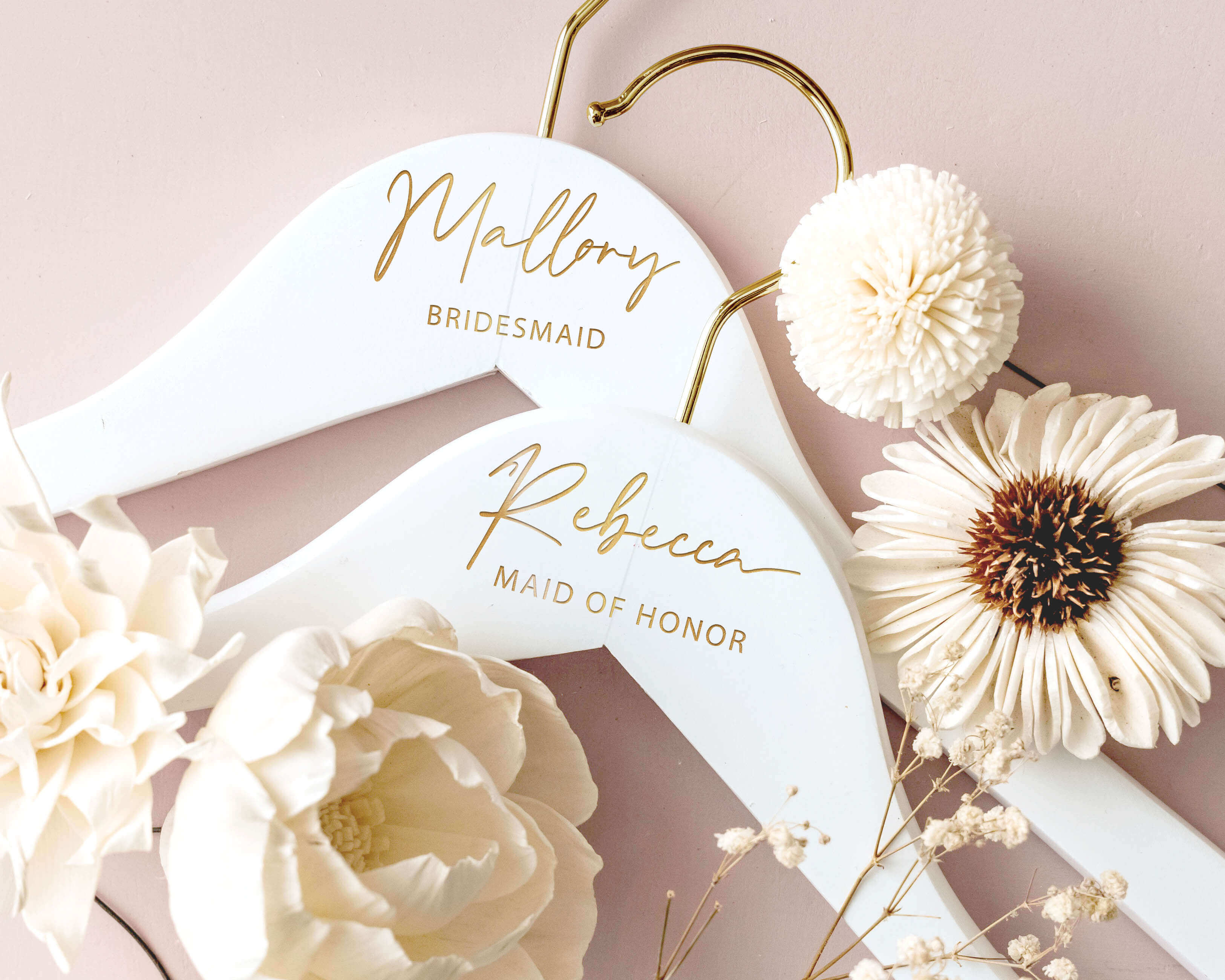 Wedding Dress Hanger - Custom Gold Hook Wedding Dress Hangers with personalized name and wedding role.