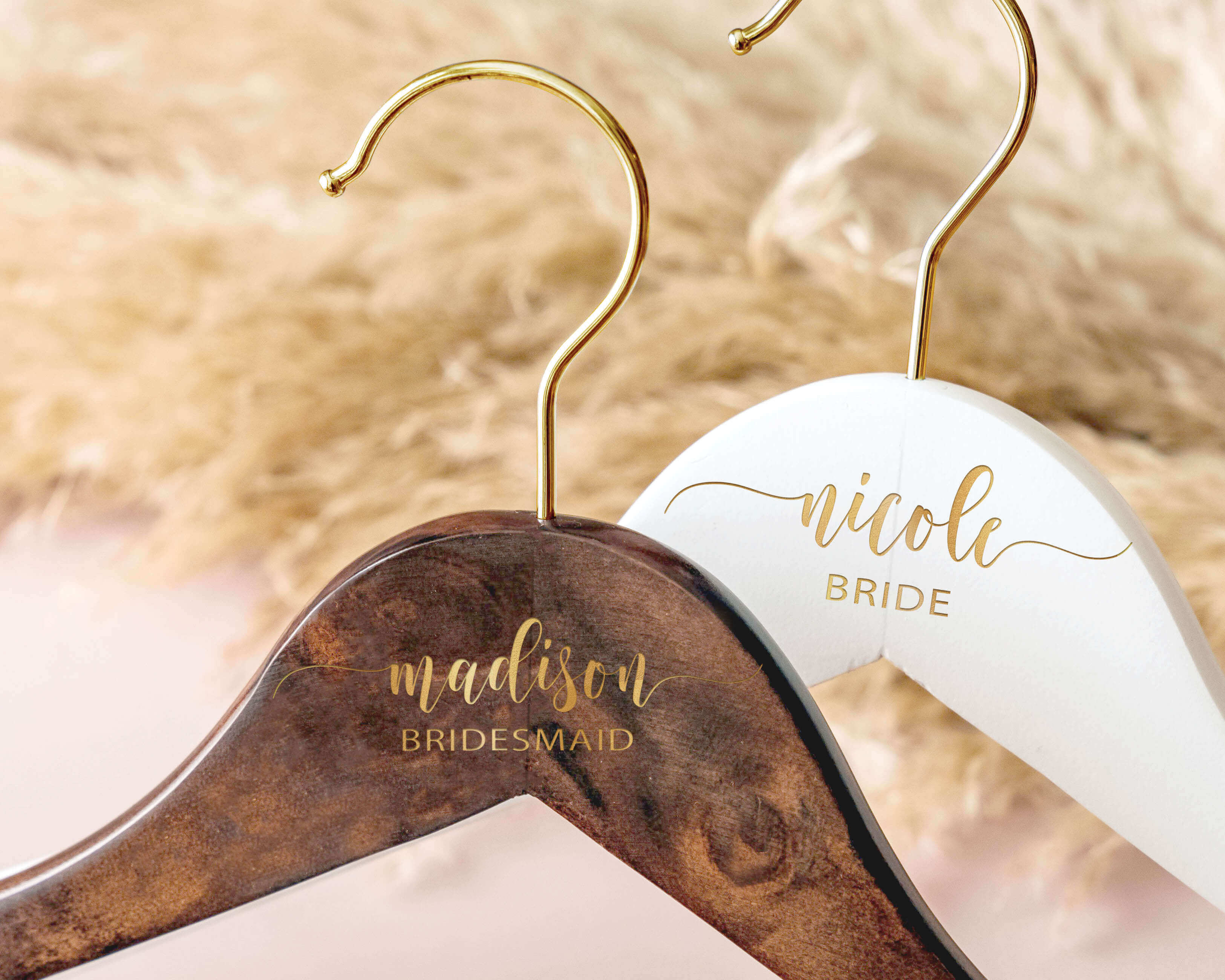 Wedding Dress Hanger - Custom Gold Hook Wedding Dress Hangers with personalized name and wedding role.