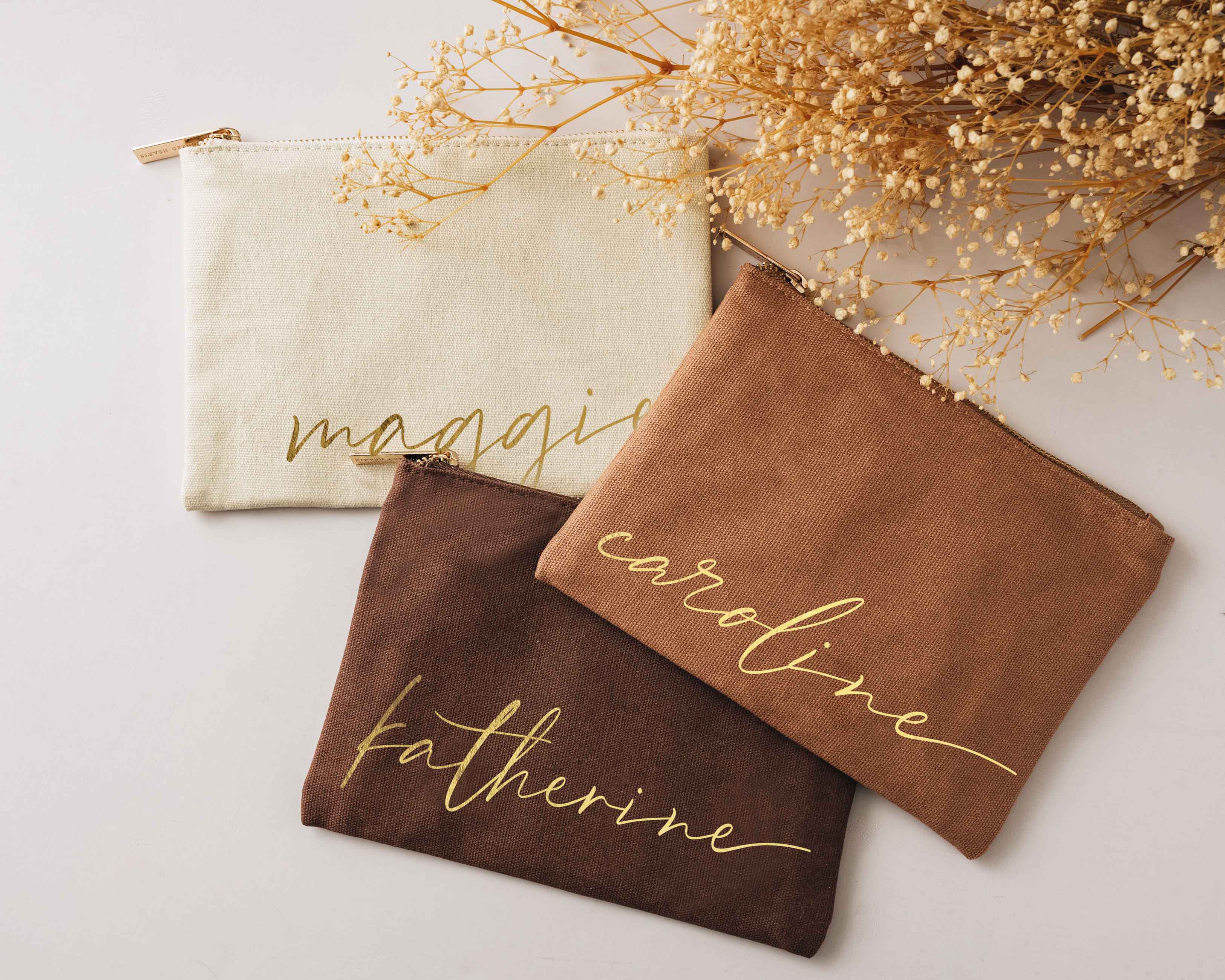 Personalized Bridesmaid Makeup Bag - Caramel, Espresso, Oat color Makeup Bag for bridesmaid Gift.