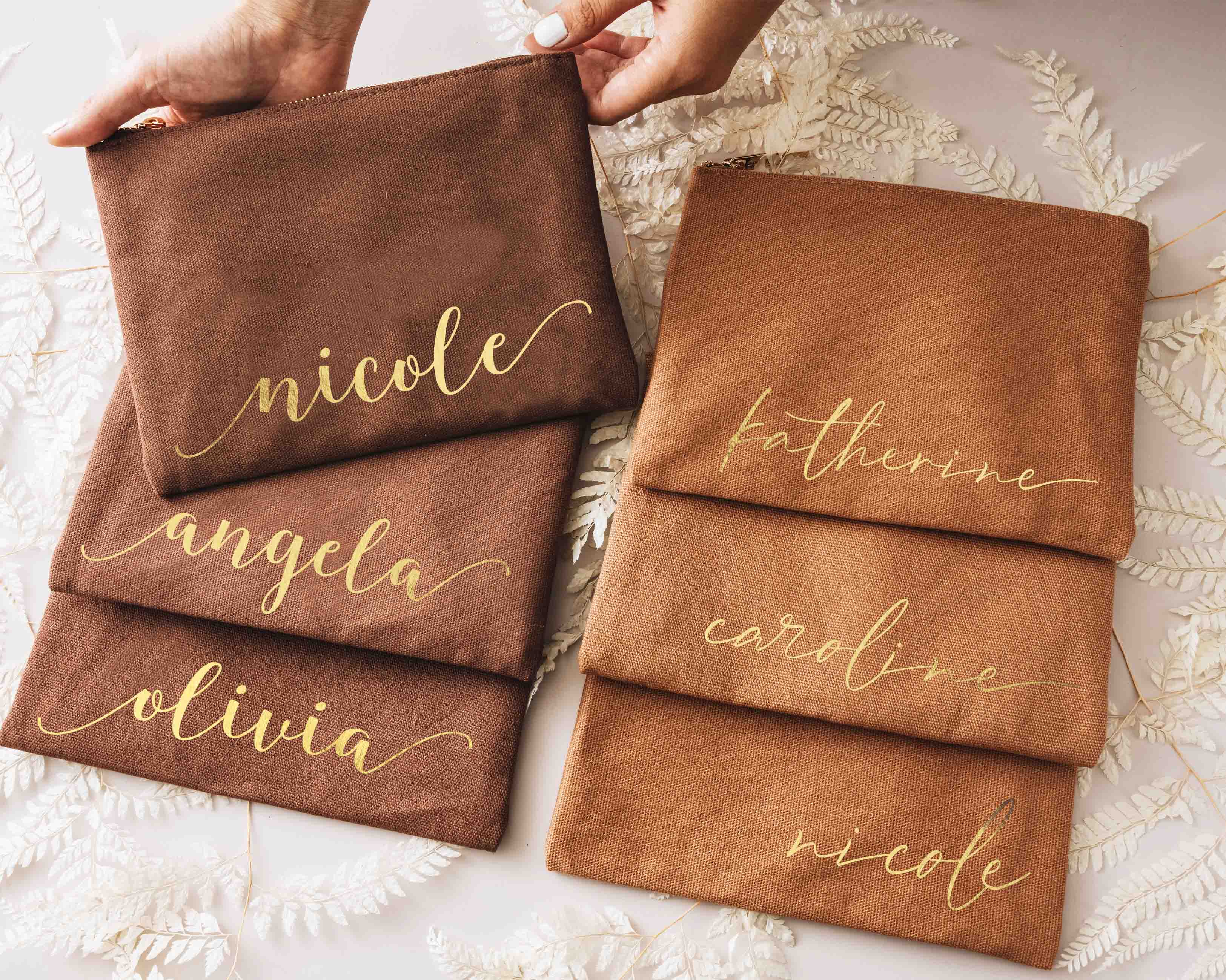 Personalized Bridesmaid Makeup Bag - Caramel, Espresso color Makeup Bag with monogram for bridesmaid Gift.