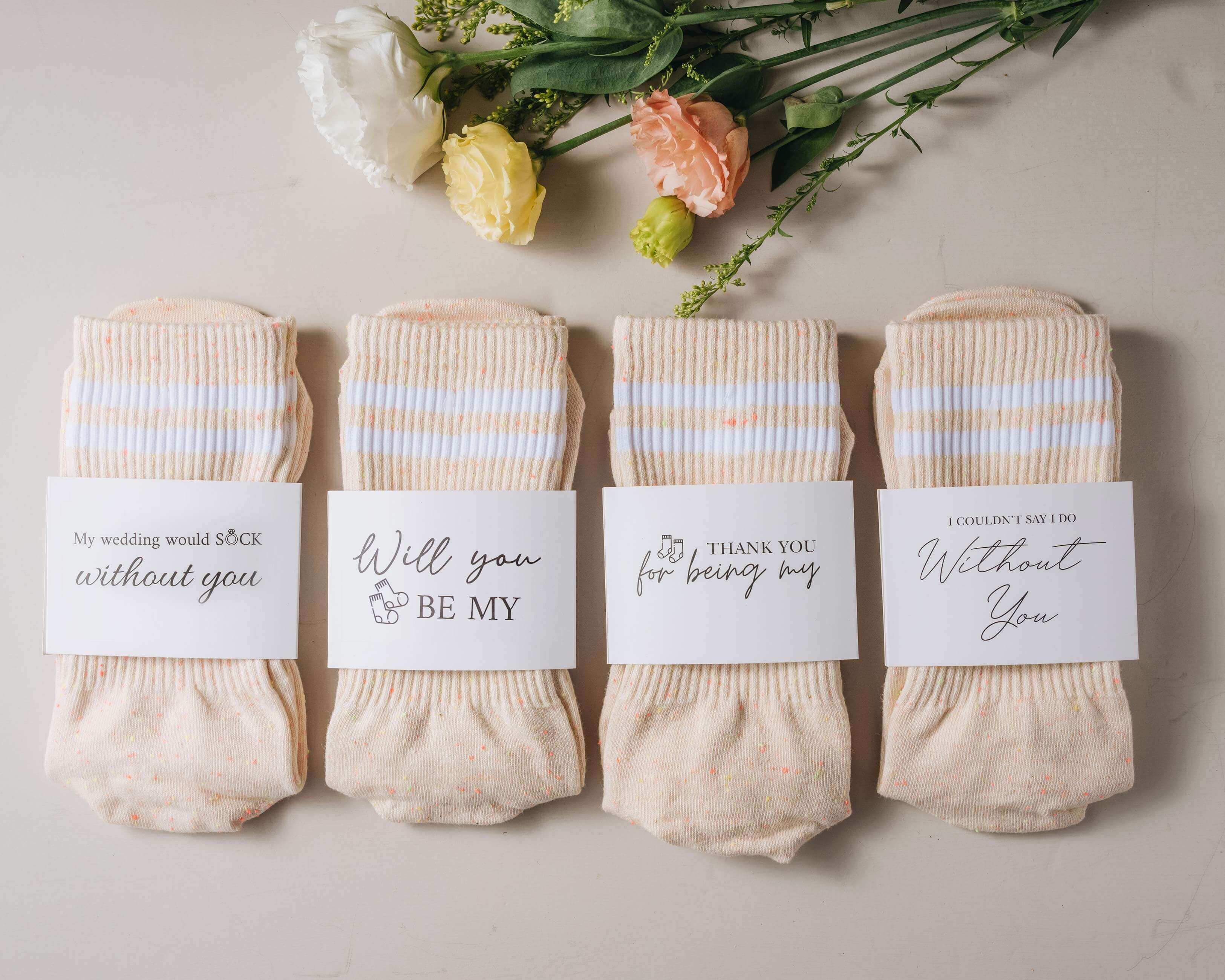 Bridesmaid Socks - Peach Bridesmaid Socks for Bachelorette Party with 4 different sock wrap, such as "My wedding would sock without you," "Will you BE MY," "THANK YOU for being my," or "I COULDN'T SAY I DO Without You."