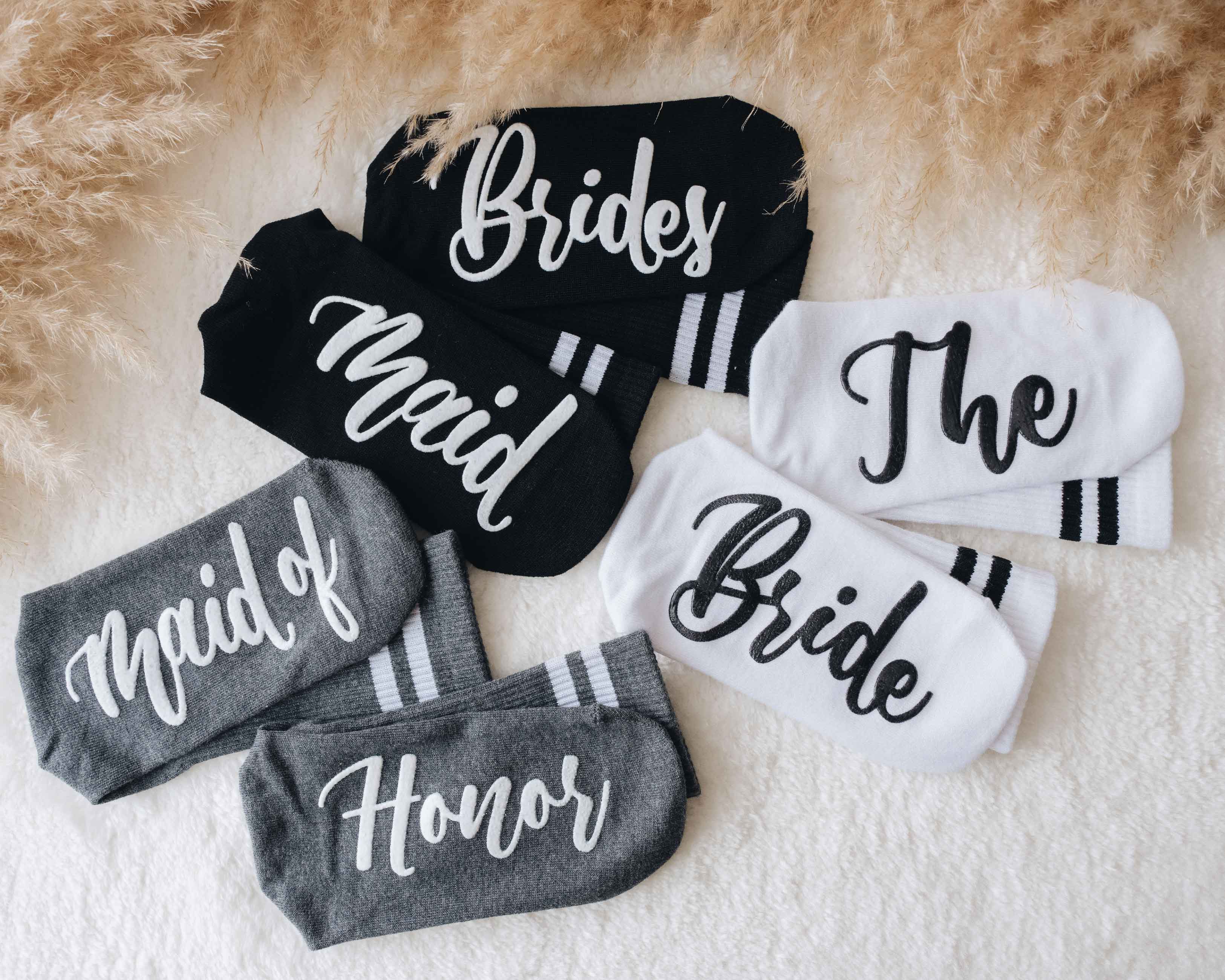 Bridesmaid Socks - White, Black and Grey Bridesmaid Socks for Bachelorette Party with custom text.