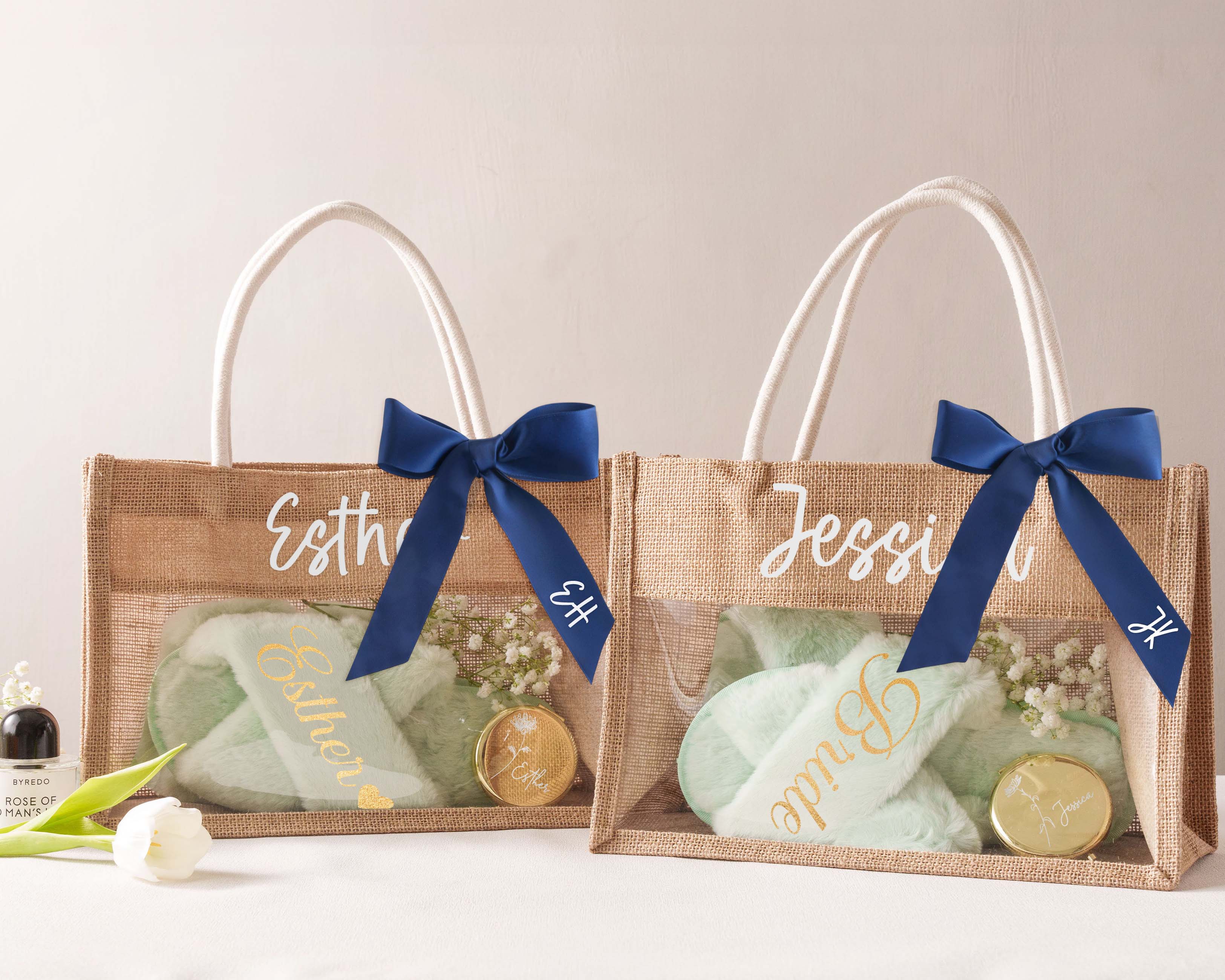 Personalize Jute Burlap Tote Bags with Ribbon