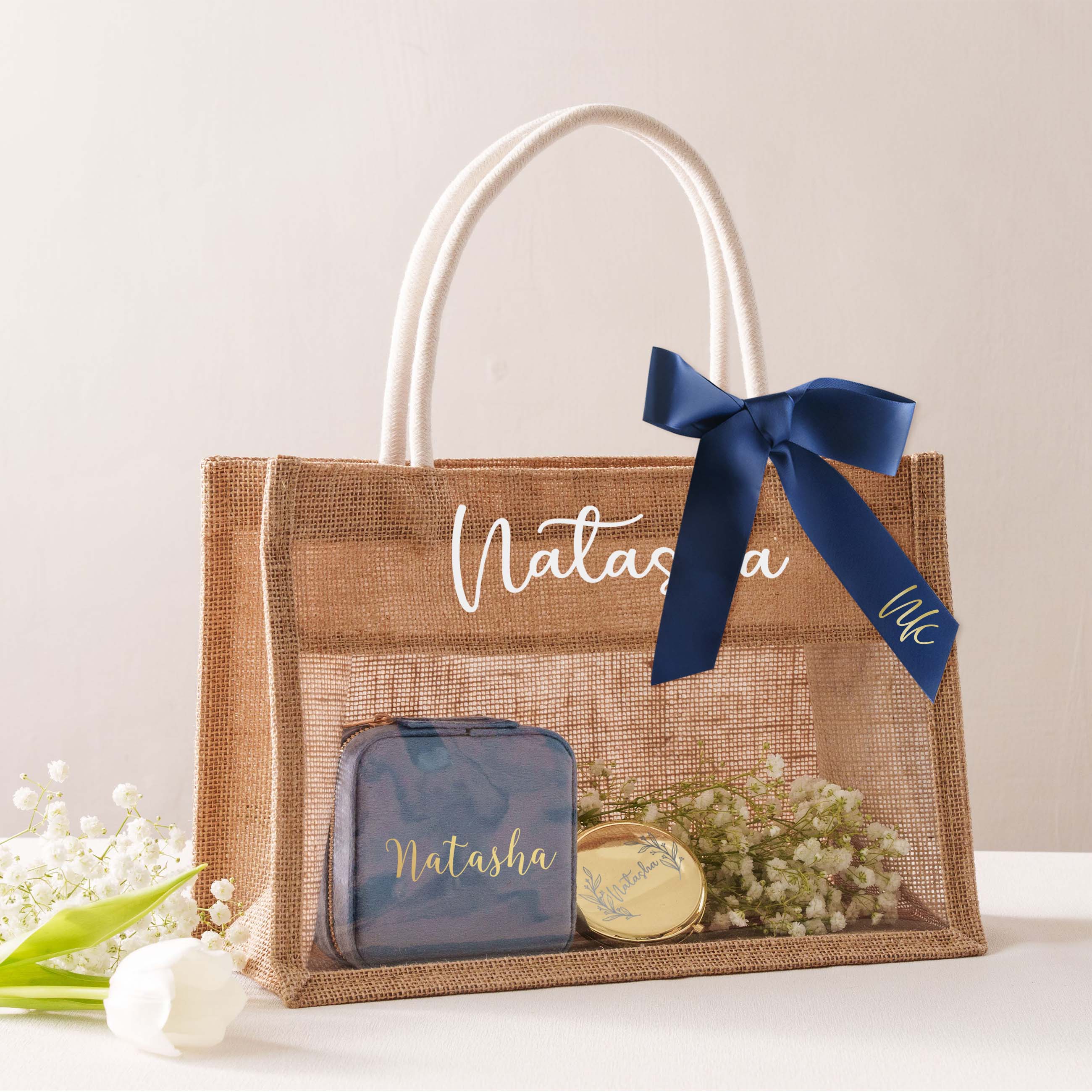 Personalize Jute Burlap Tote Bags with Ribbon