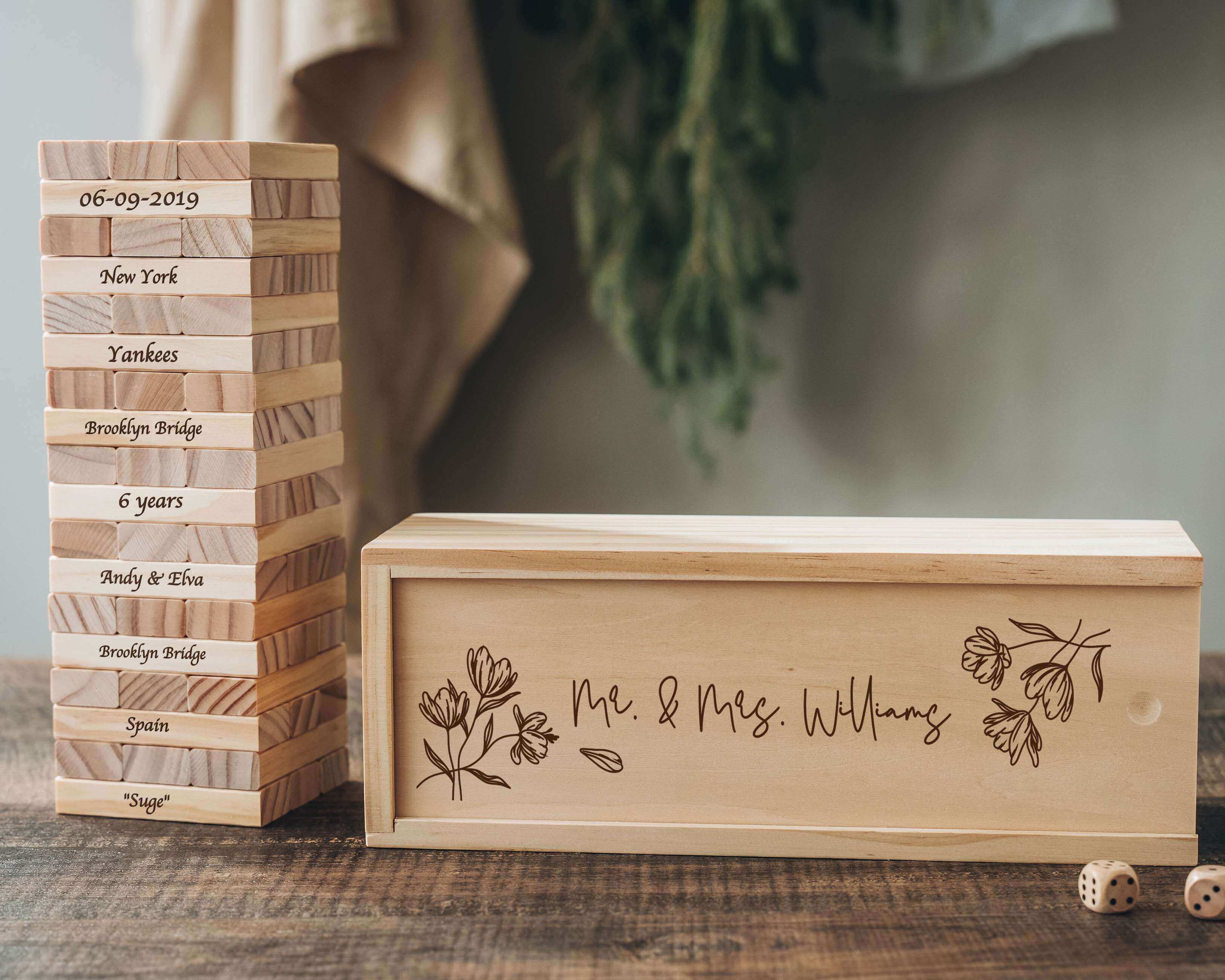 Experience the joy of our Custom Jenga Wedding Guest Book, customized with your names and wedding date. This unique and interactive guest book is the perfect addition to your wedding day.