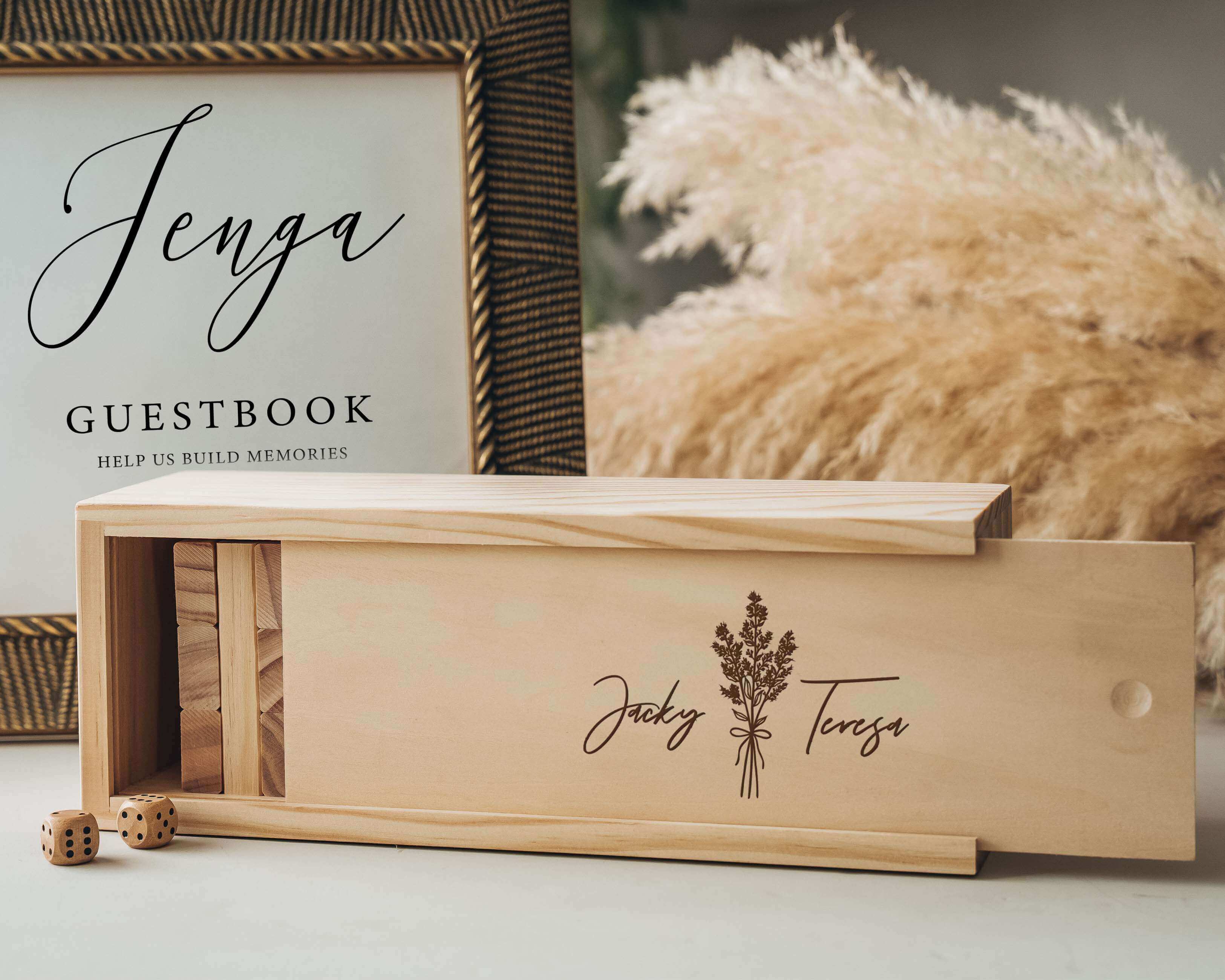 Experience the joy of our Custom Jenga Wedding Guest Book, customized with your names and wedding date. This unique and interactive guest book is the perfect addition to your wedding day.