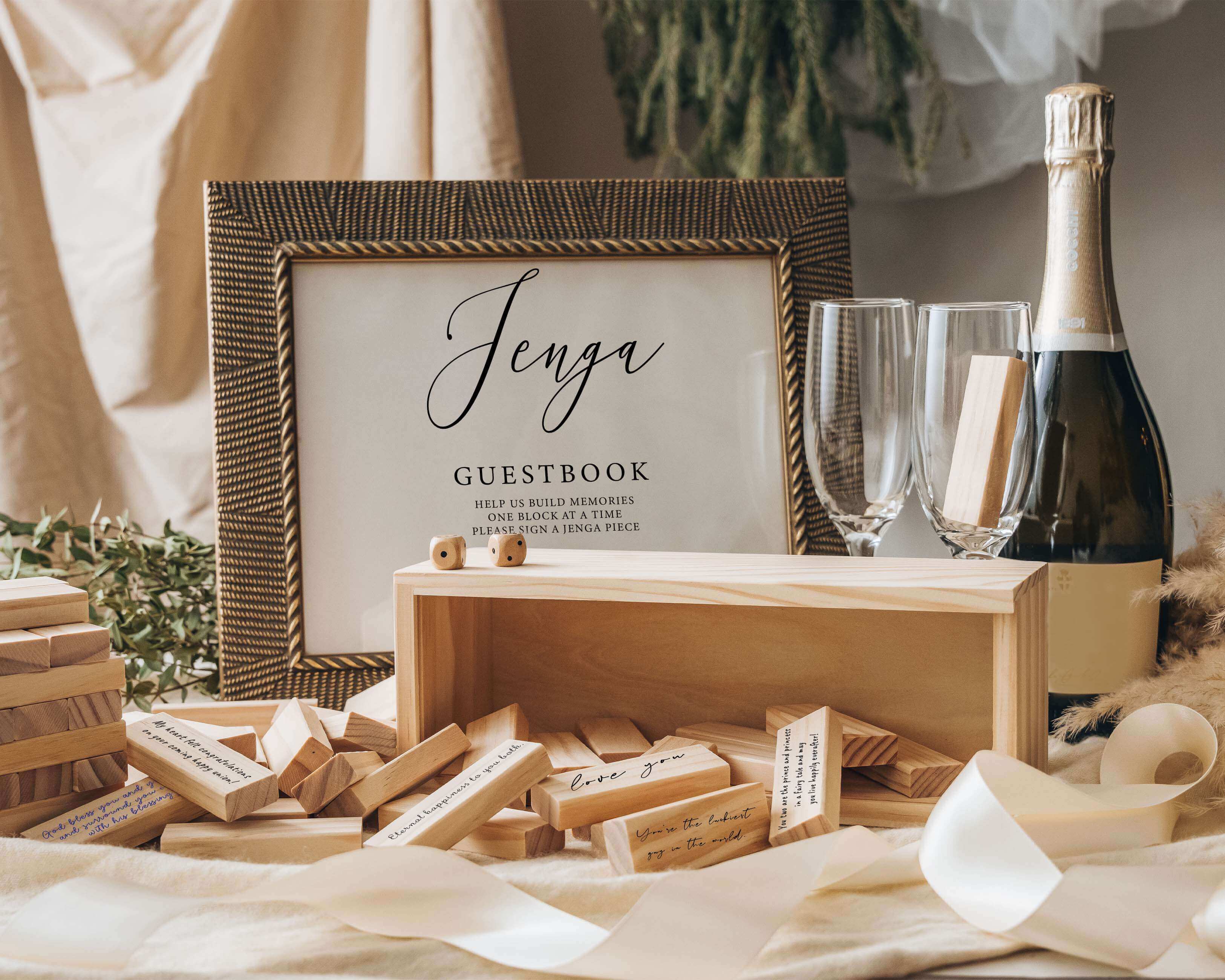 Experience the joy of our Custom Jenga Wedding Guest Book, customized with your names and wedding date. This unique and interactive guest book is the perfect addition to your wedding day.