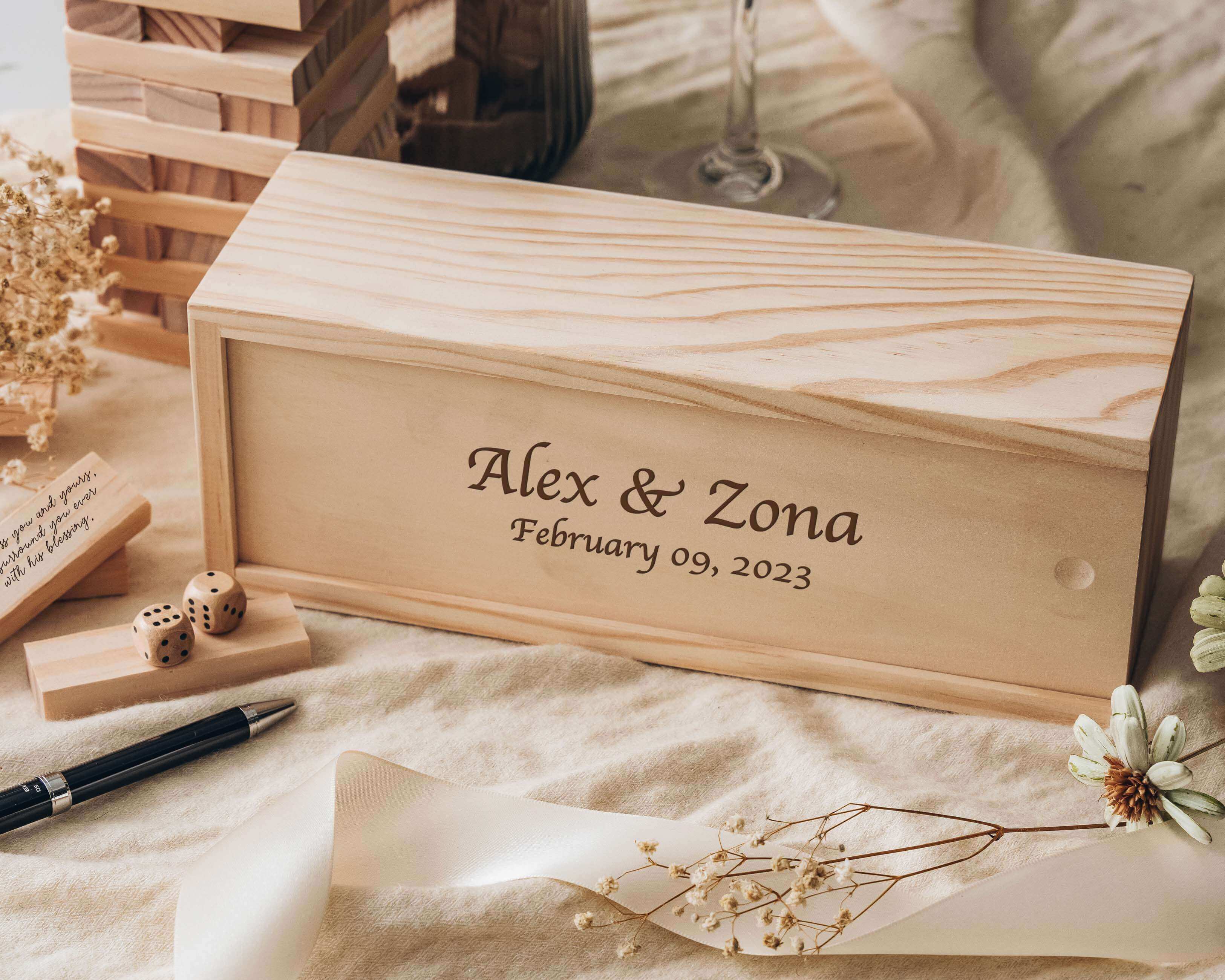 Experience the joy of our Custom Jenga Wedding Guest Book, customized with your names and wedding date. This unique and interactive guest book is the perfect addition to your wedding day.