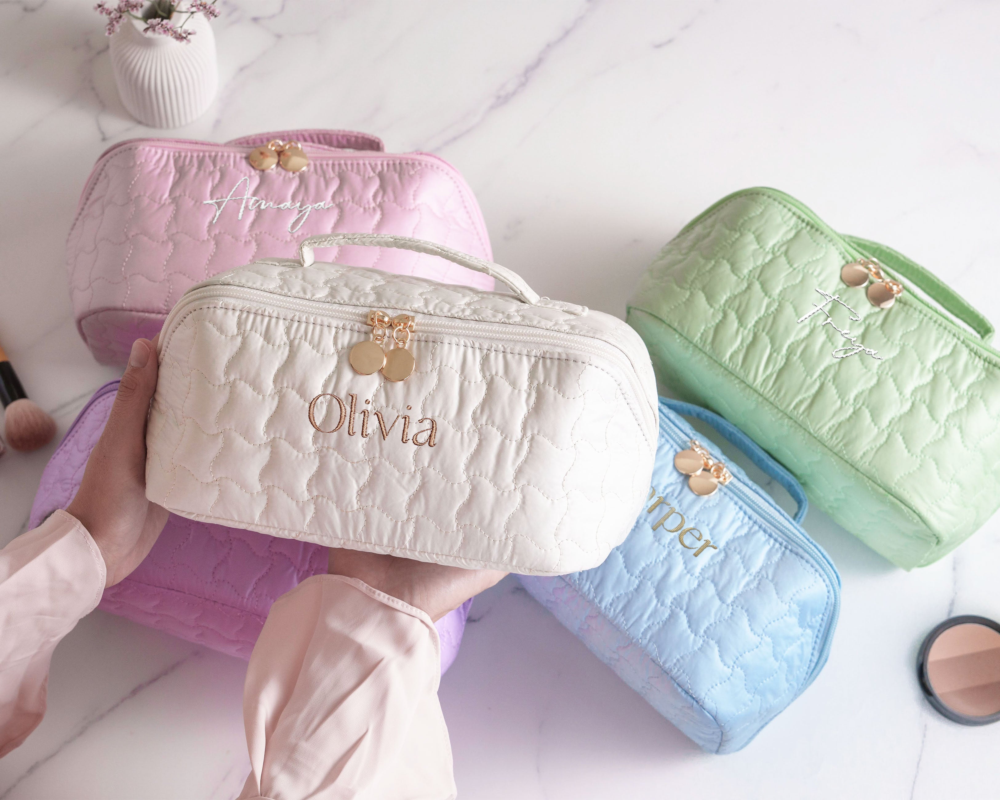 Embroidered Quilted Makeup Bag