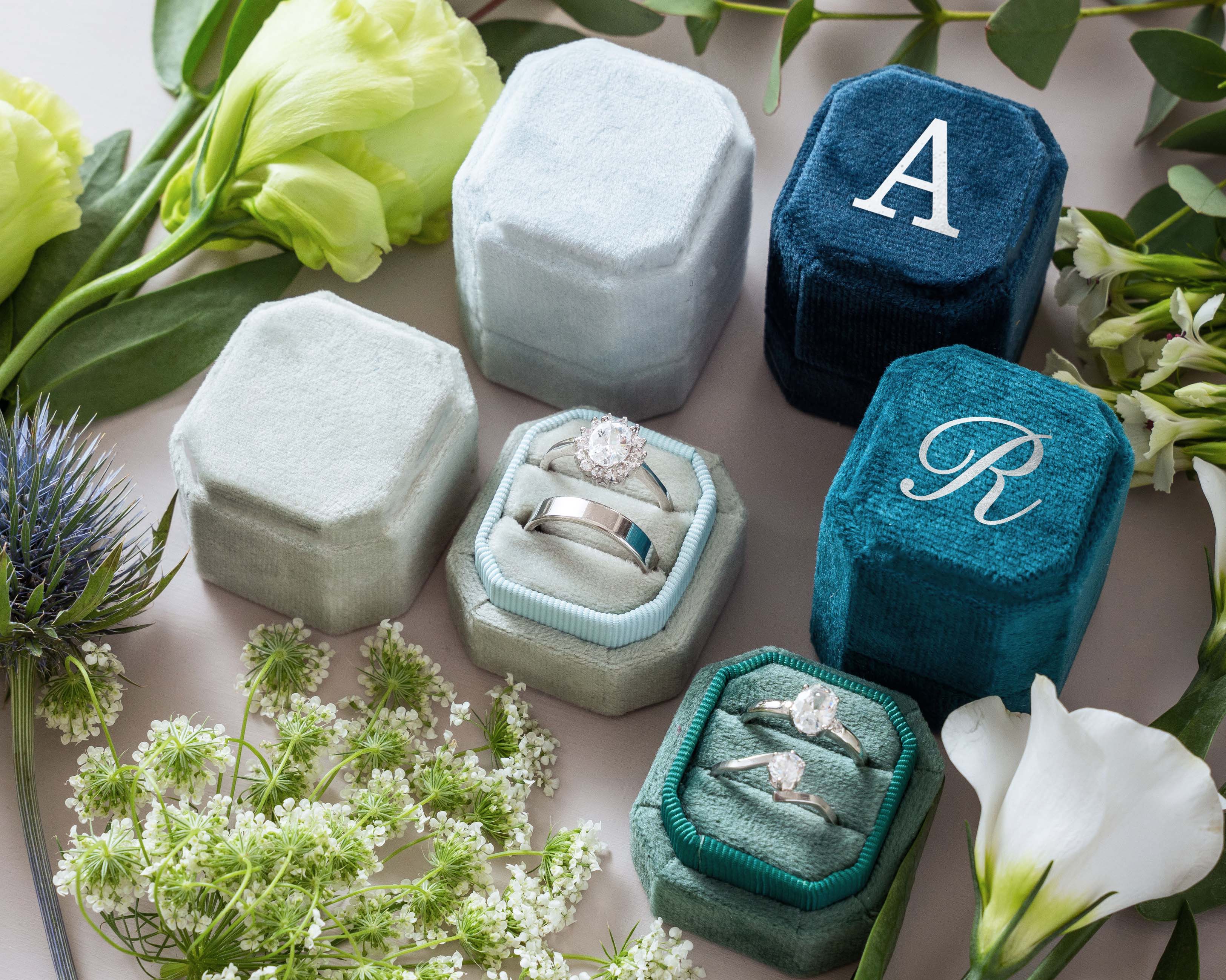 Personalized Octagon Velvet Ring Box with Foil Design