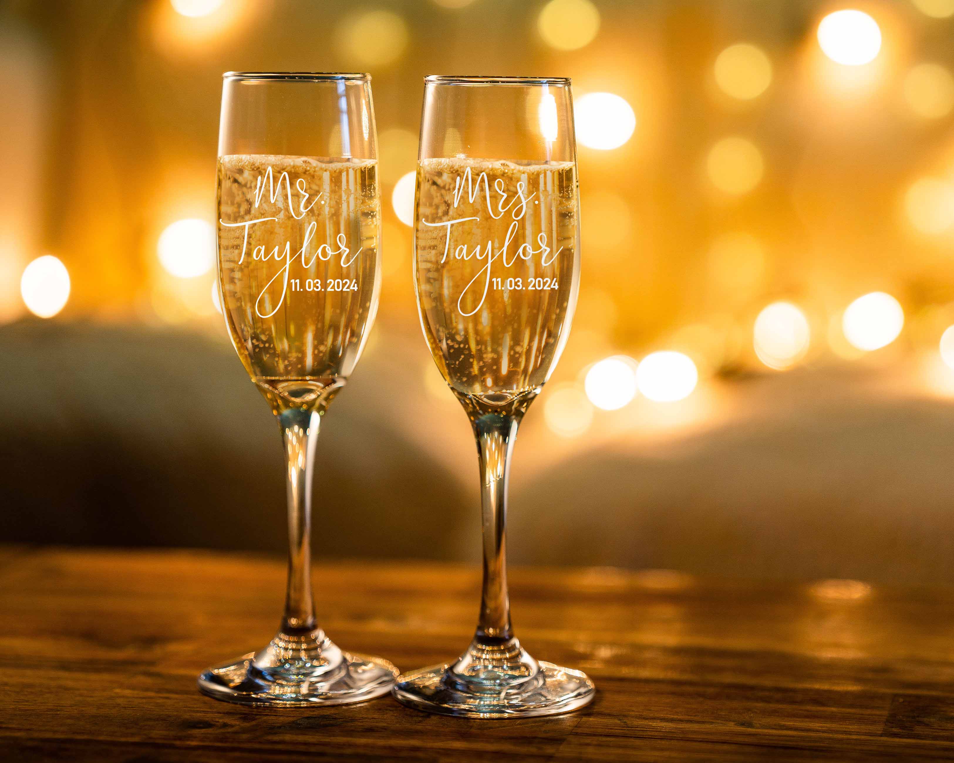 Custom Wedding Toasting Flutes with name. The perfect couple wine glasses for wedding day.