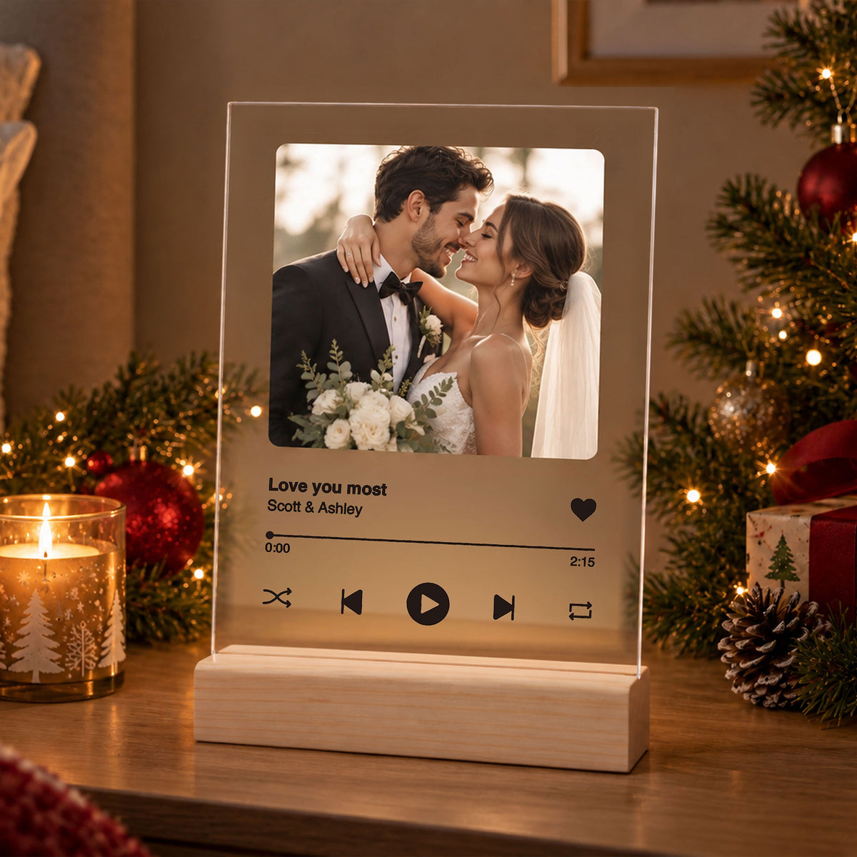 Personalized music plaque with wedding photo and song on wooden stand, Christmas gift