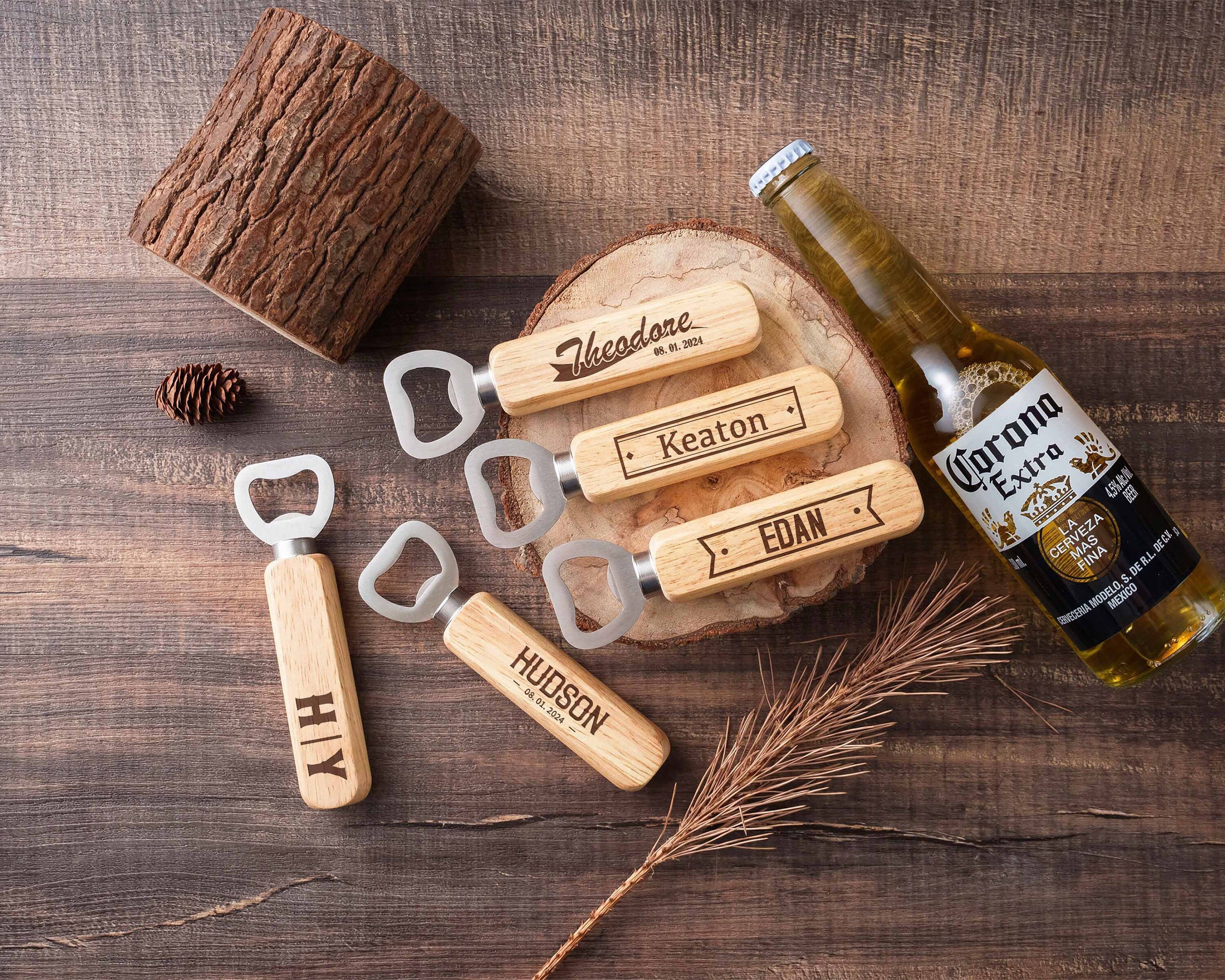 a bottle opener, bottle openers, and bottle openers on a wooden table