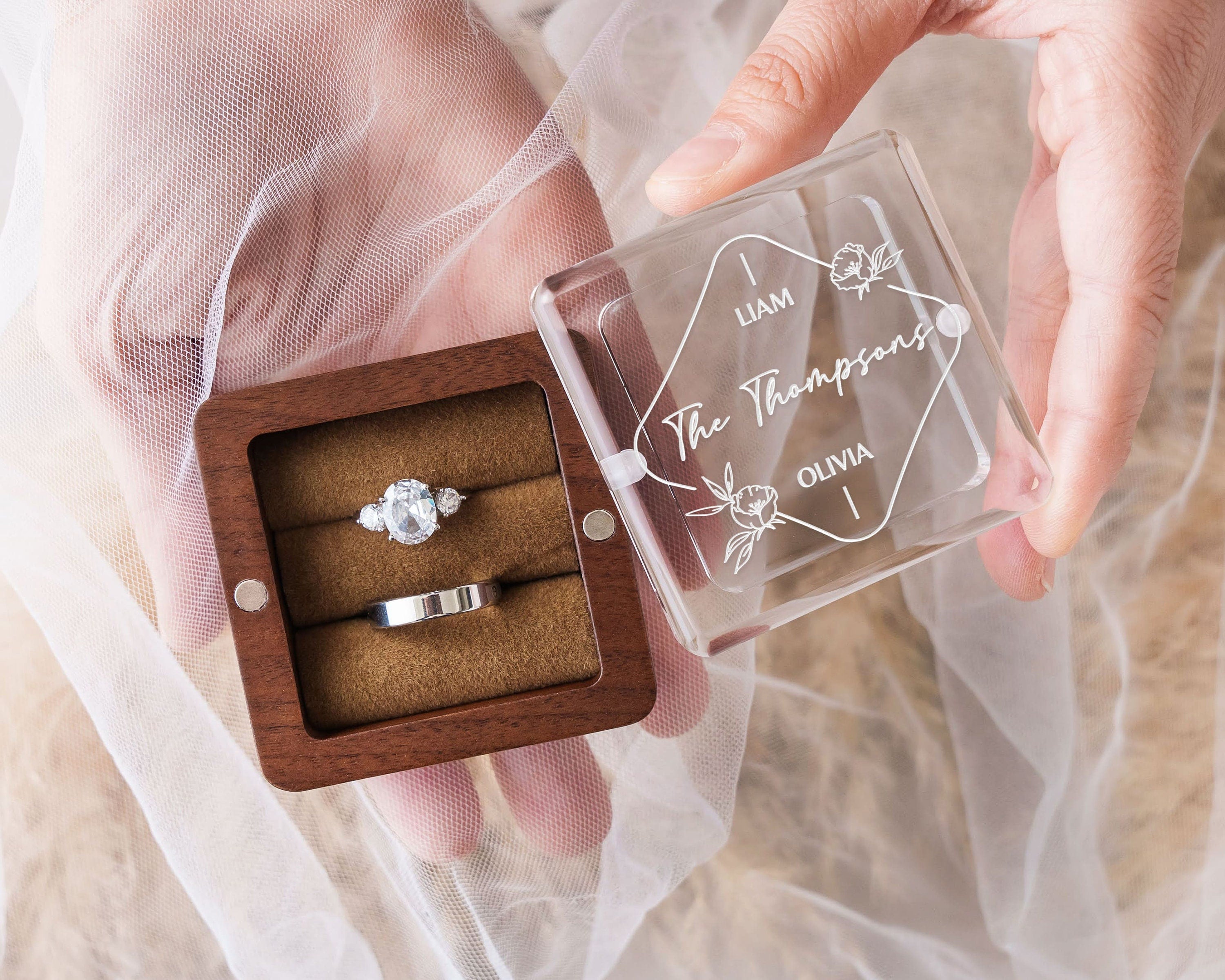 Personalized Ring Box for Wedding Ceremony , Proposal Ring Box , Double Slot Engagement Ring Bearer , Triple Slot Acrylic Lid Wood Ring Box