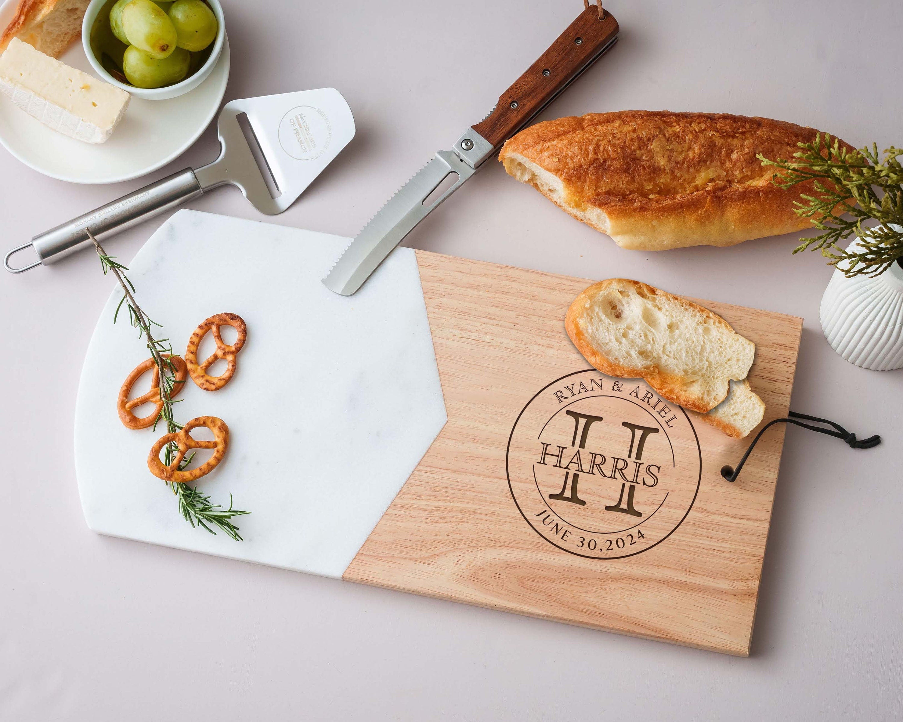 a cutting board with a knife and some food on it