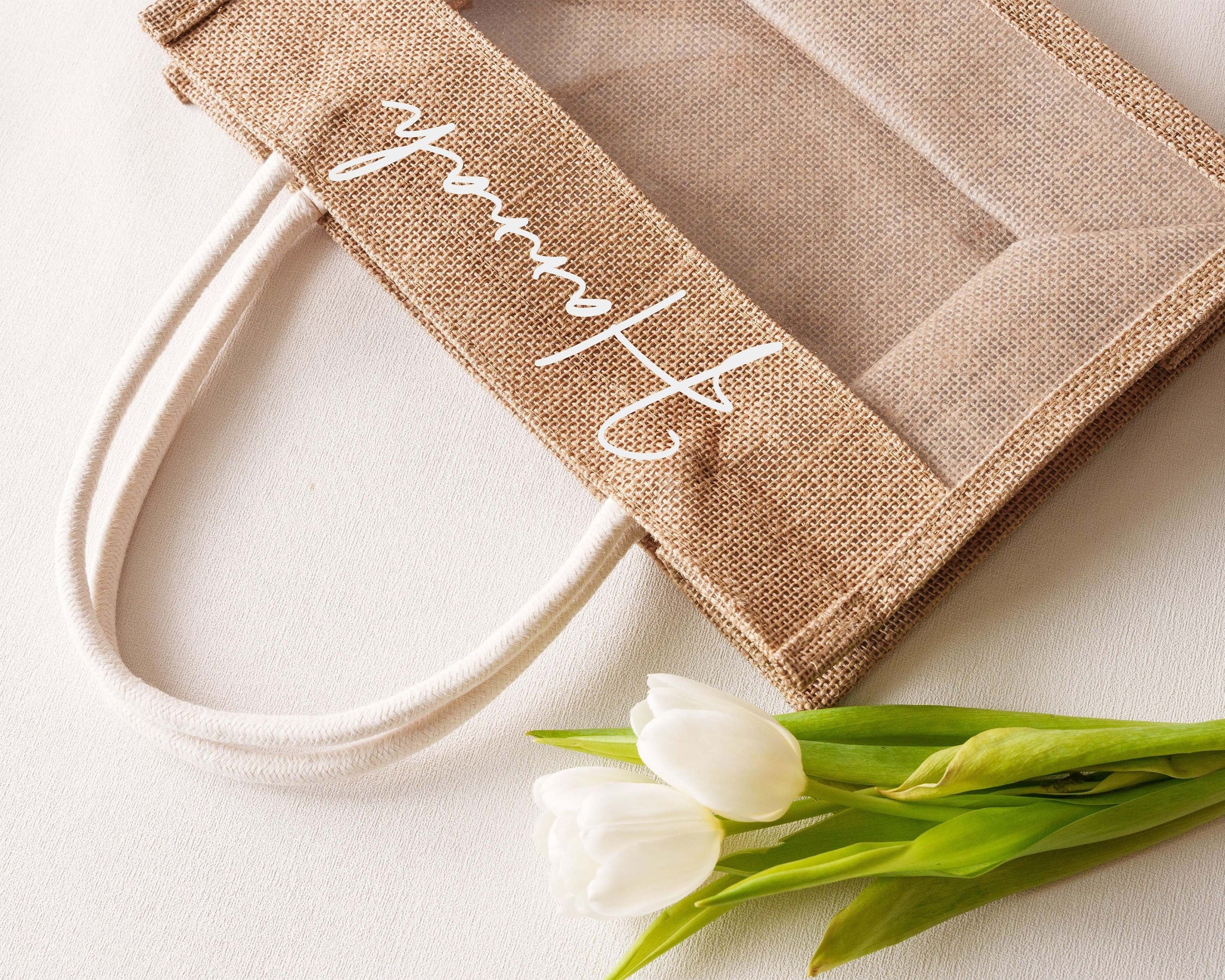 Personalize Jute Bridesmaid Burlap Tote Bags with Name, Bridal Party Beach Bag, Wedding Favor, Bridesmaid Proposal, Custom Reusable Bag Idea