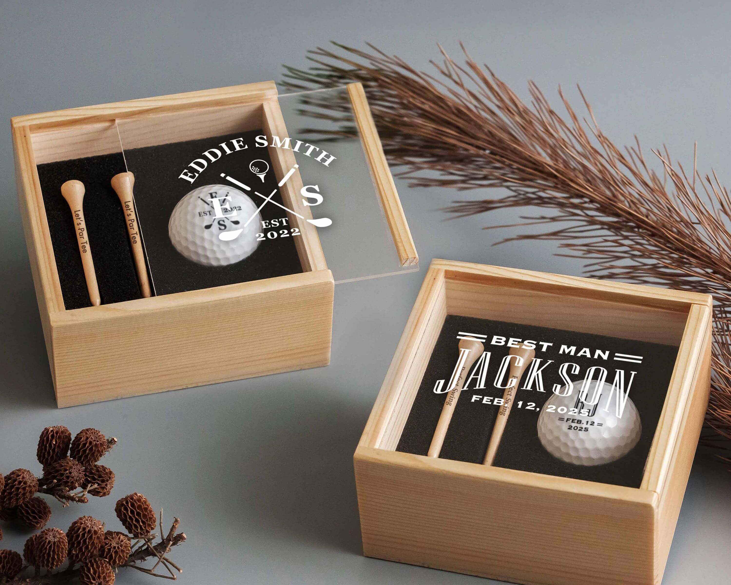 a couple of boxes with golf balls inside of them