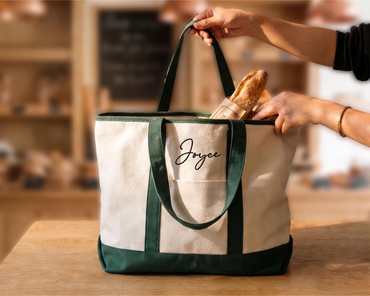 Personalized Embroidered Canvas Tote Bag — Canvas Tote Bags, Green, Font Only