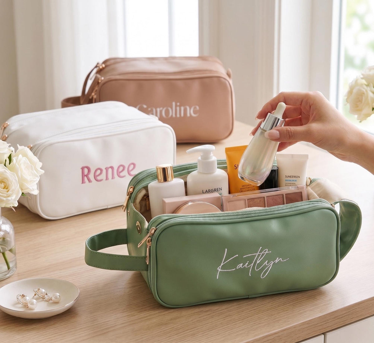 Personalized Cosmetic Bag with Side Handle — Cosmetic Bag with Side Handle, Green, Engraving