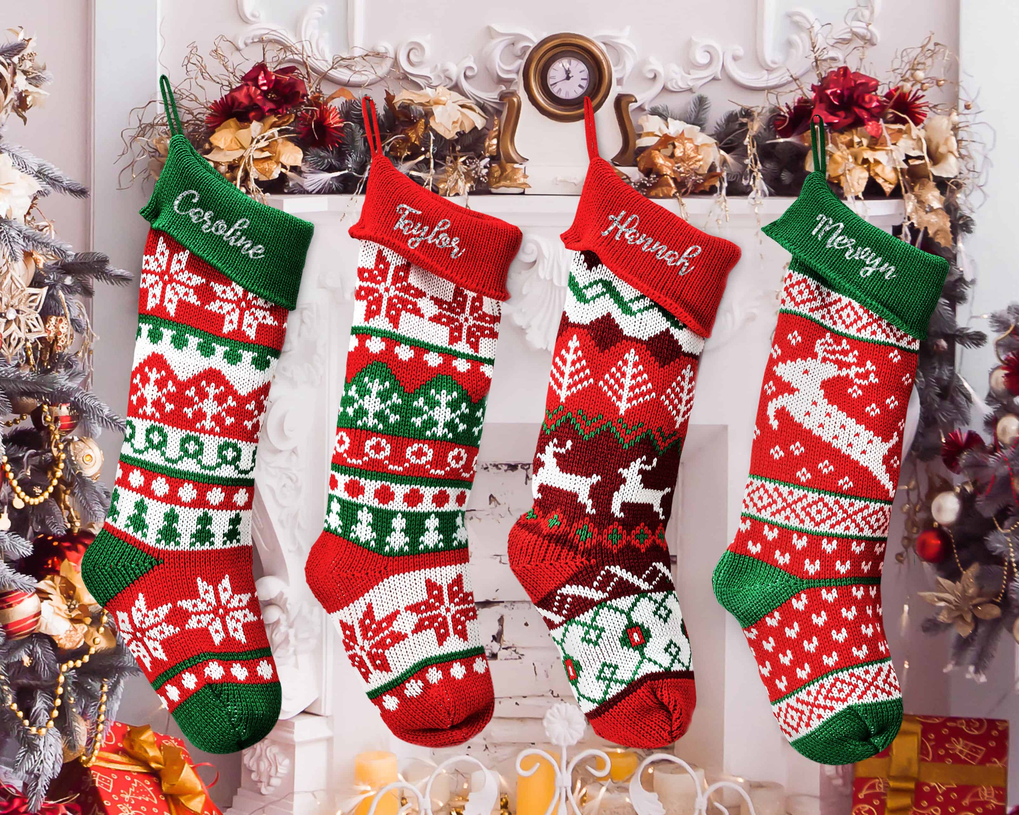 4 different styles of personalized christmas knitted stockings with initials - Hundred Hearts