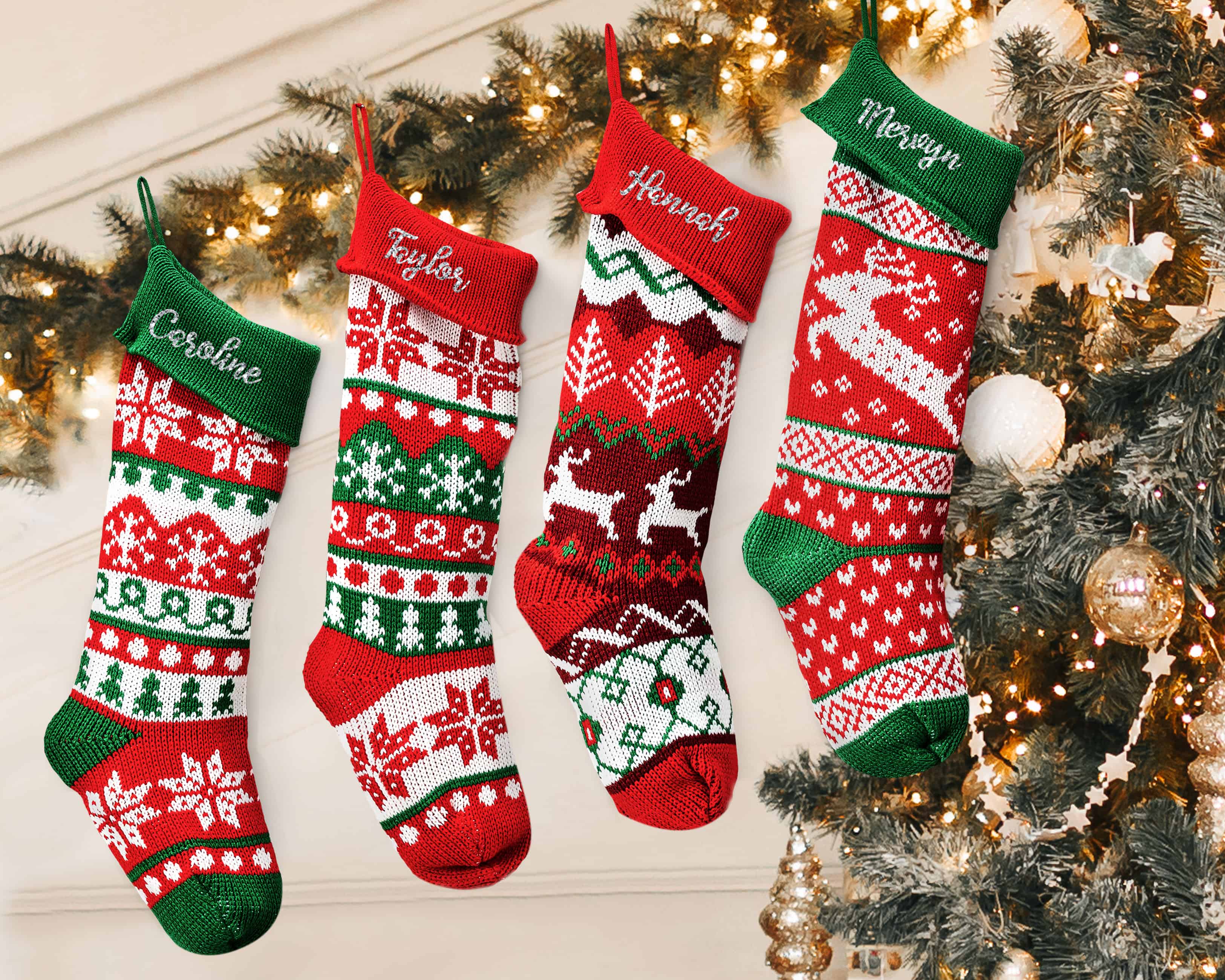 4 different styles of personalized christmas knitted stockings with initials - Hundred Hearts