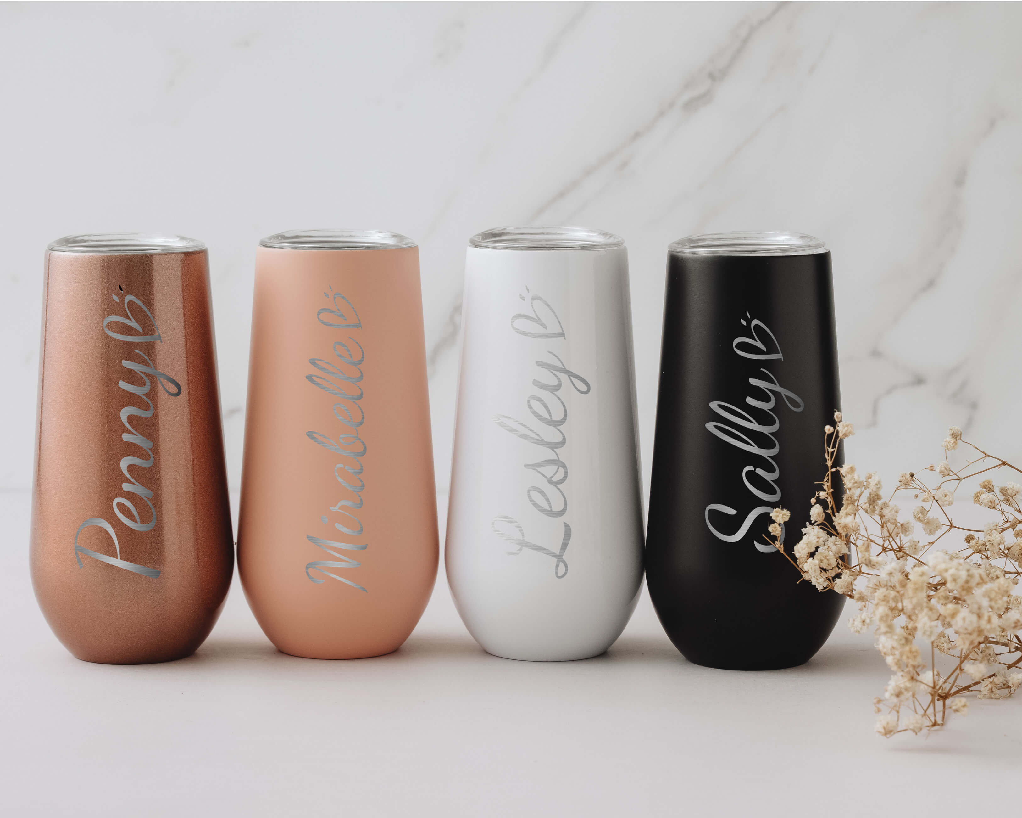 Bridesmaid Tumbler - Customize bridesmaid gifts with personalized gold, pink, white and black bridesmaid tumblers, available in gold, black, rose gold, and white colors. These tumblers feature their names, making them the perfect addition to any bridesma