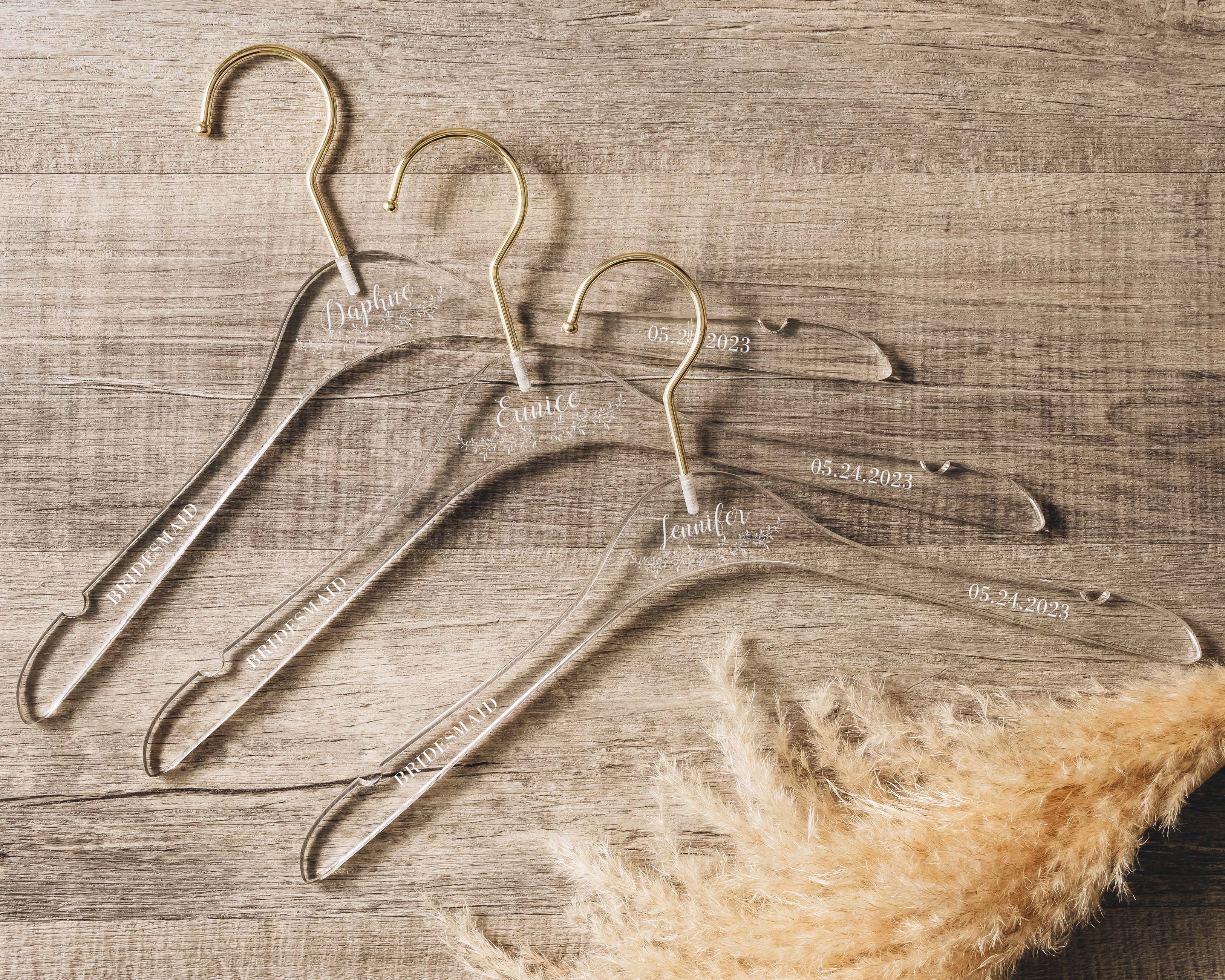 Bridesmaid Hangers -Custom Acrylic Hangers with custom name, date and wedding role.