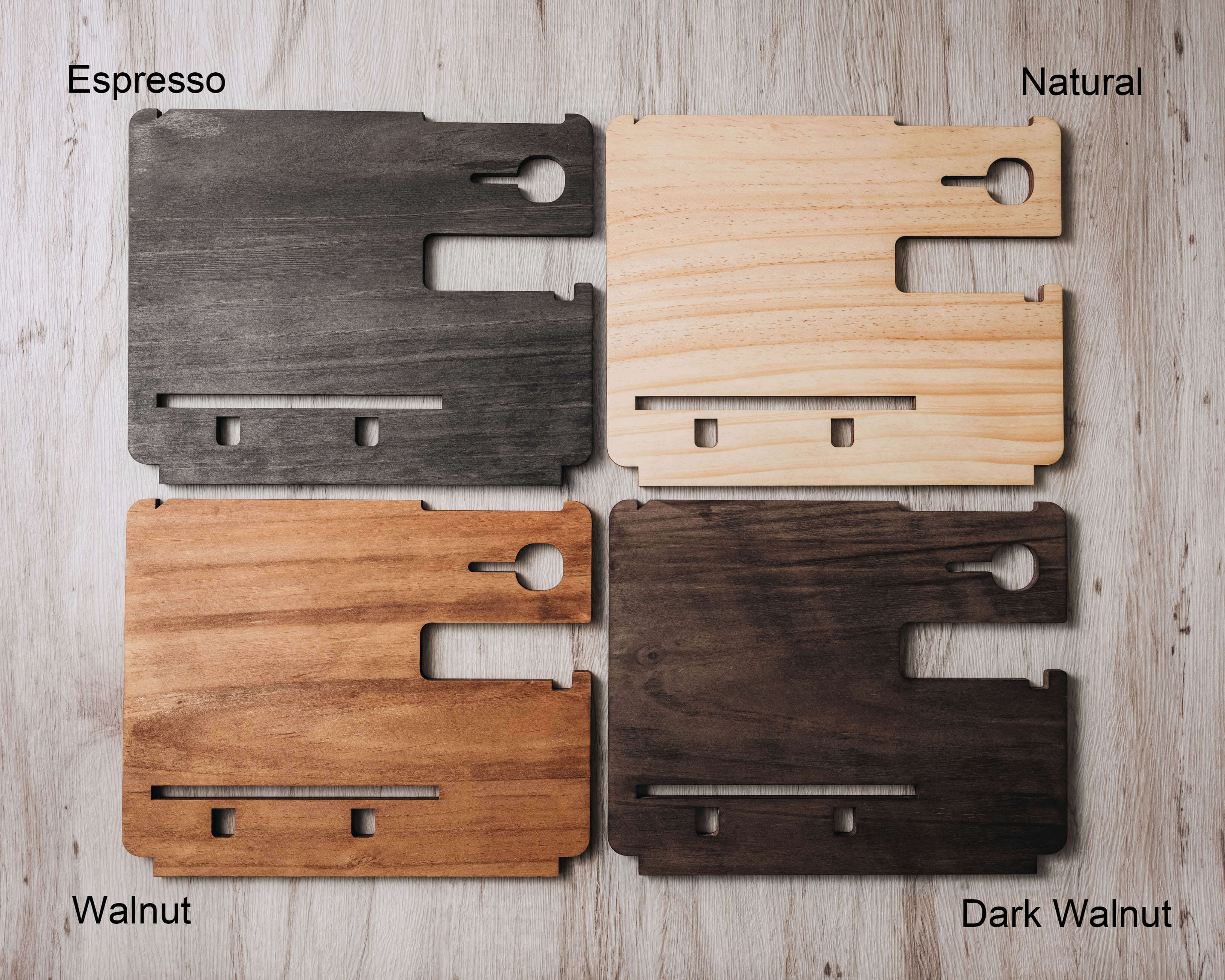 Personalized Docking Station in Espresso, Natural, Walnut and Dark Walnut.