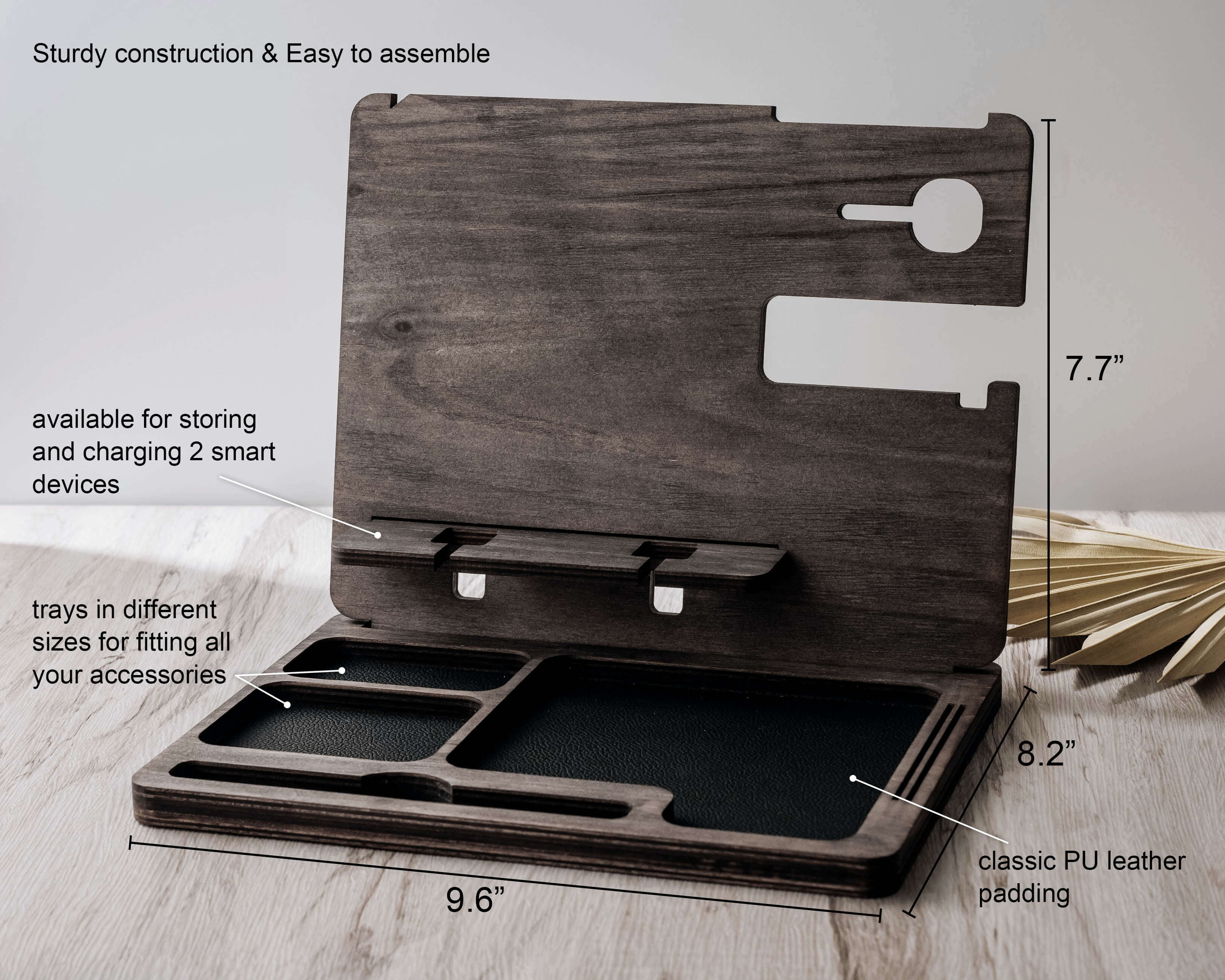 Personalized Docking Station in Espresso with dimension details.