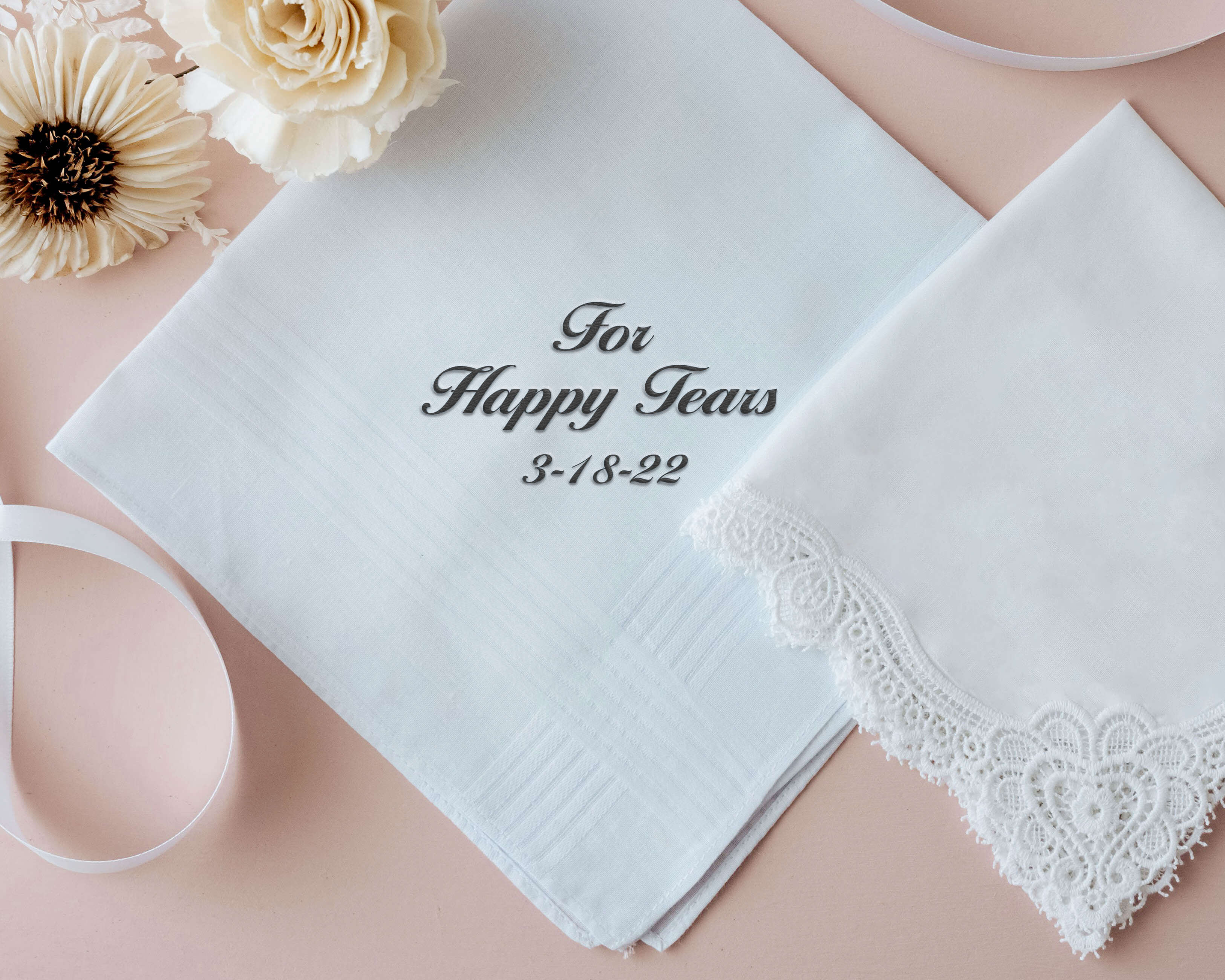 Personalized Wedding Handkerchief with name and wedding date and message. - Hundred Hearts