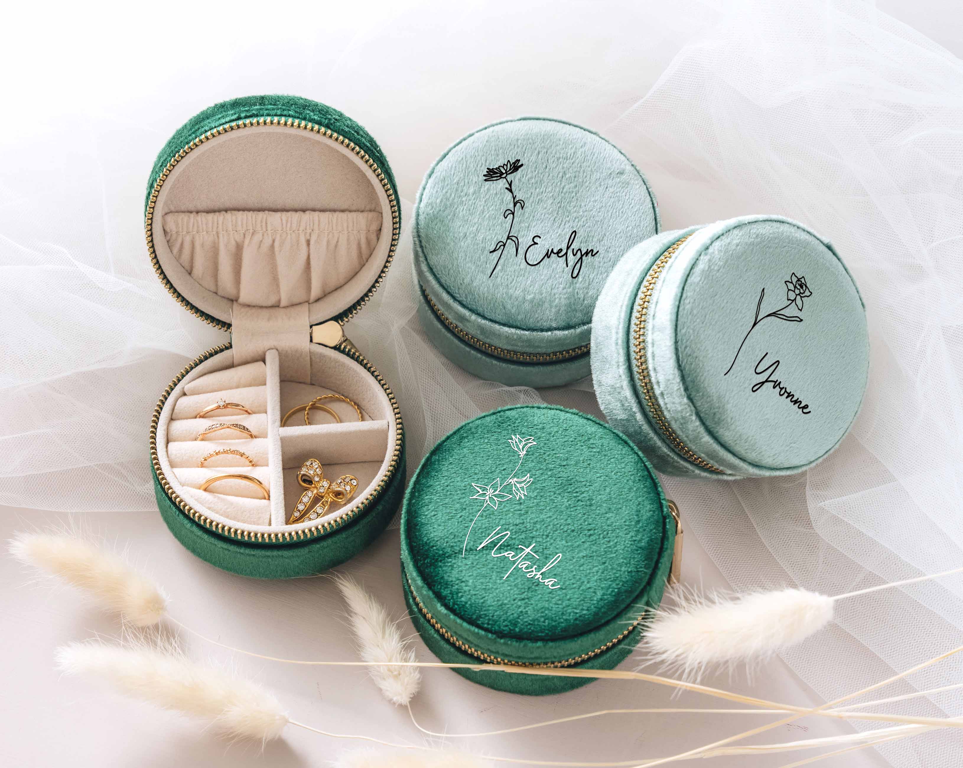 Round Jewelry Box - Baby Blue and Emerald Custom Velvet Travel Jewelry Case with birth flower Image and name.