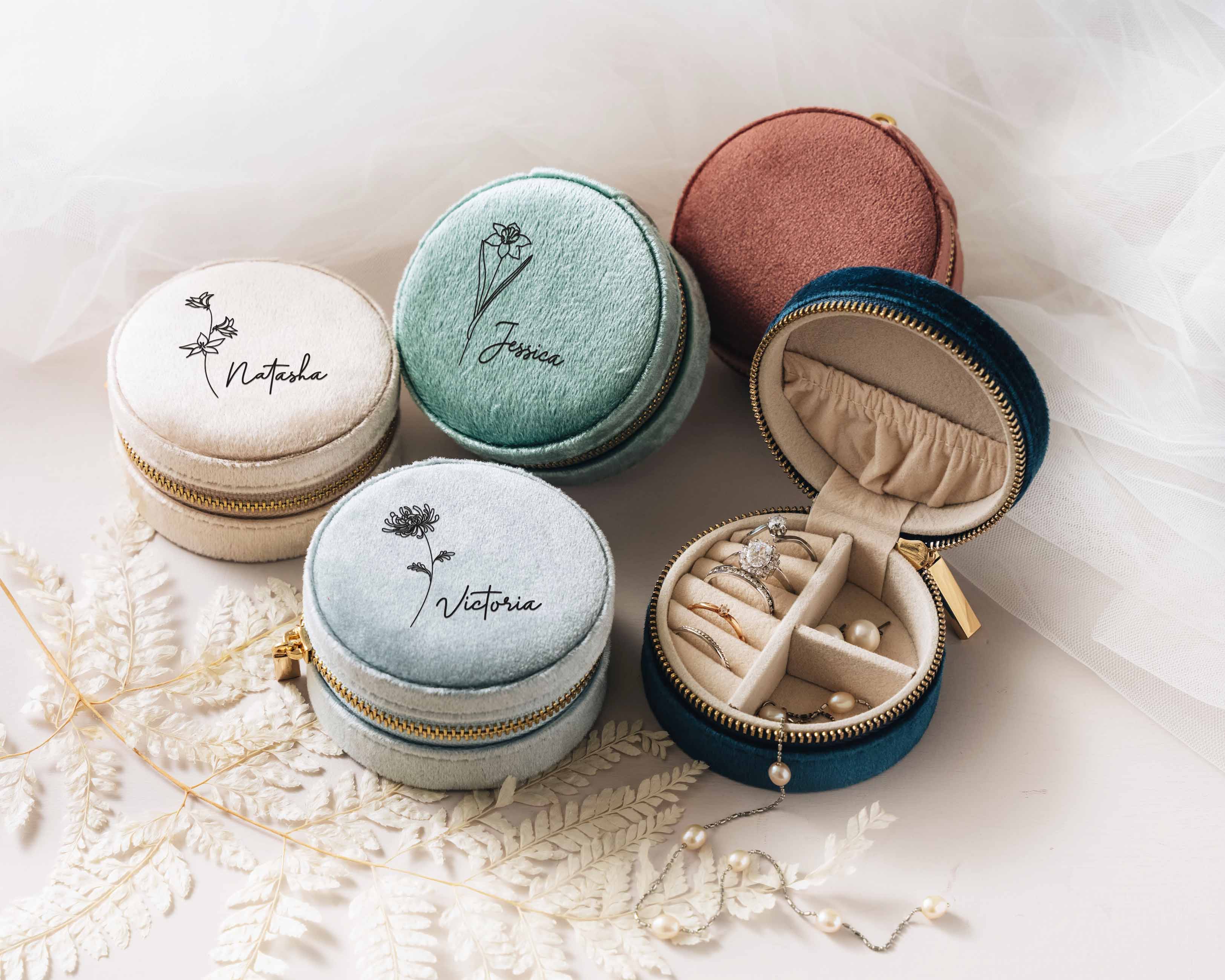 Round Jewelry Box - Mint, Baby Blue, Midnight Blue, Champagne and Dusty Pink Custom Velvet Travel Jewelry Case with birth flower Image and name.