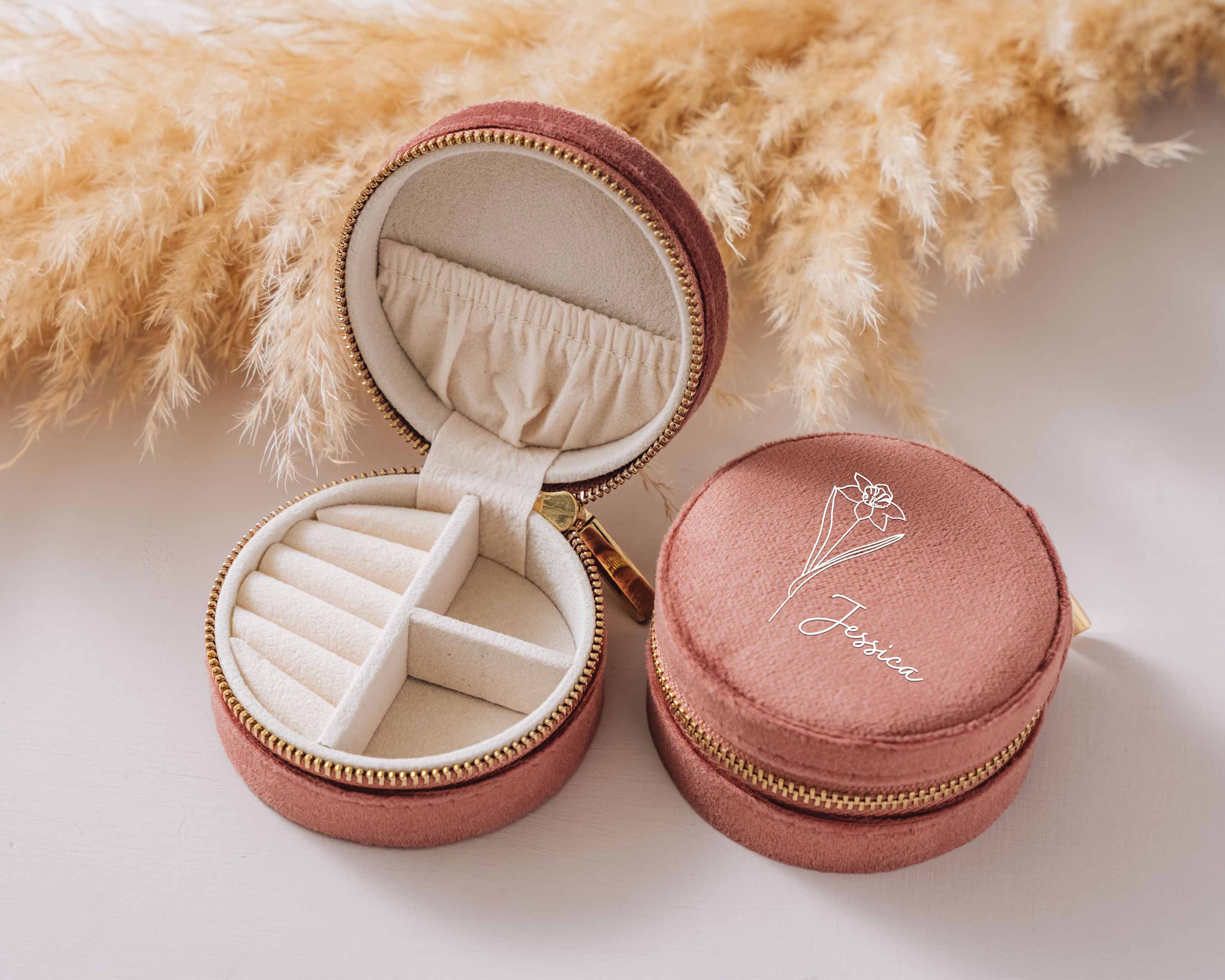 Round Jewelry Box - Dusty Pink Custom Velvet Travel Jewelry Case with birth flower Image and name.