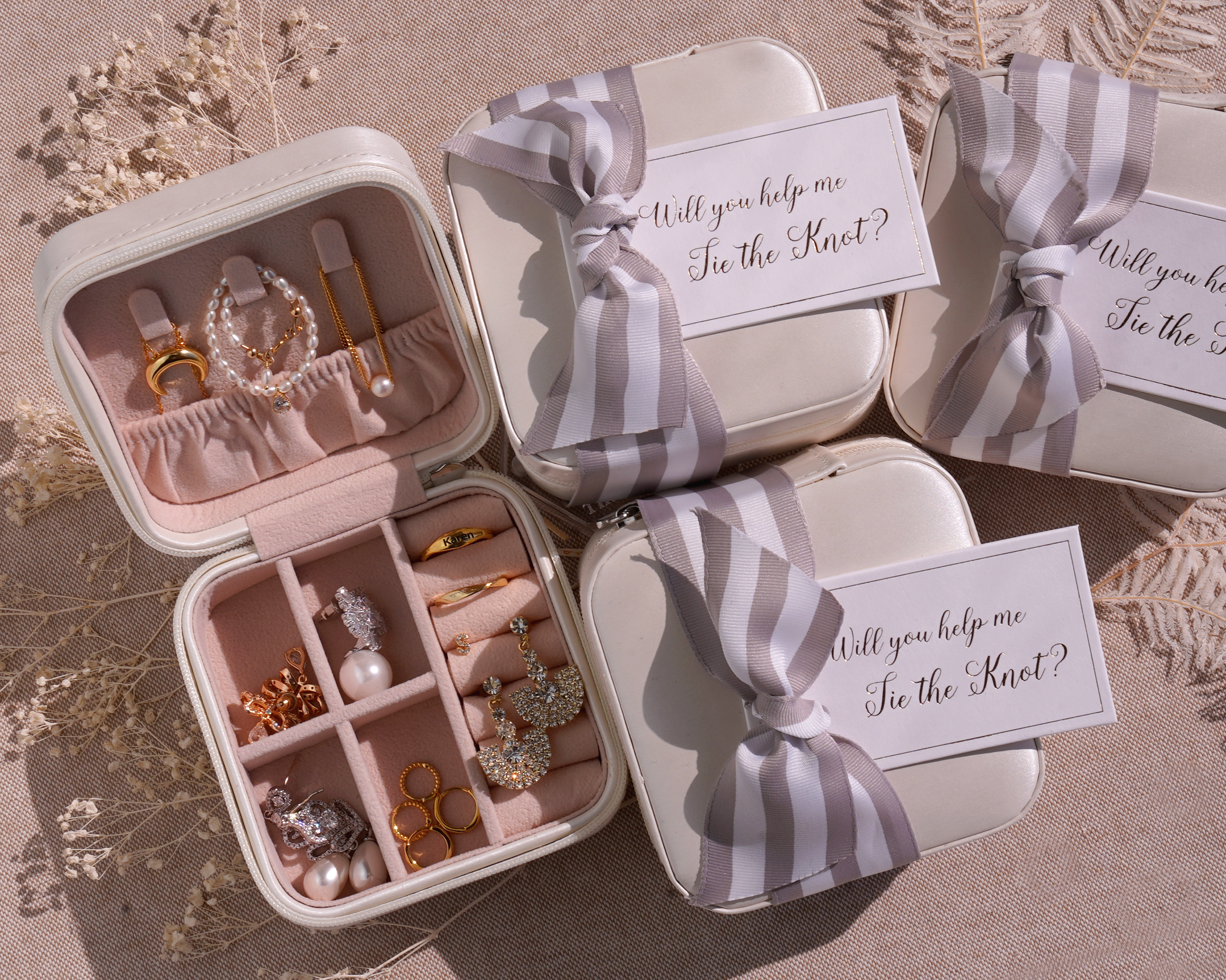 Personalized White Travel Jewelry Case with ribbon and message cards, perfect for Bridesmaid Proposal Gift.