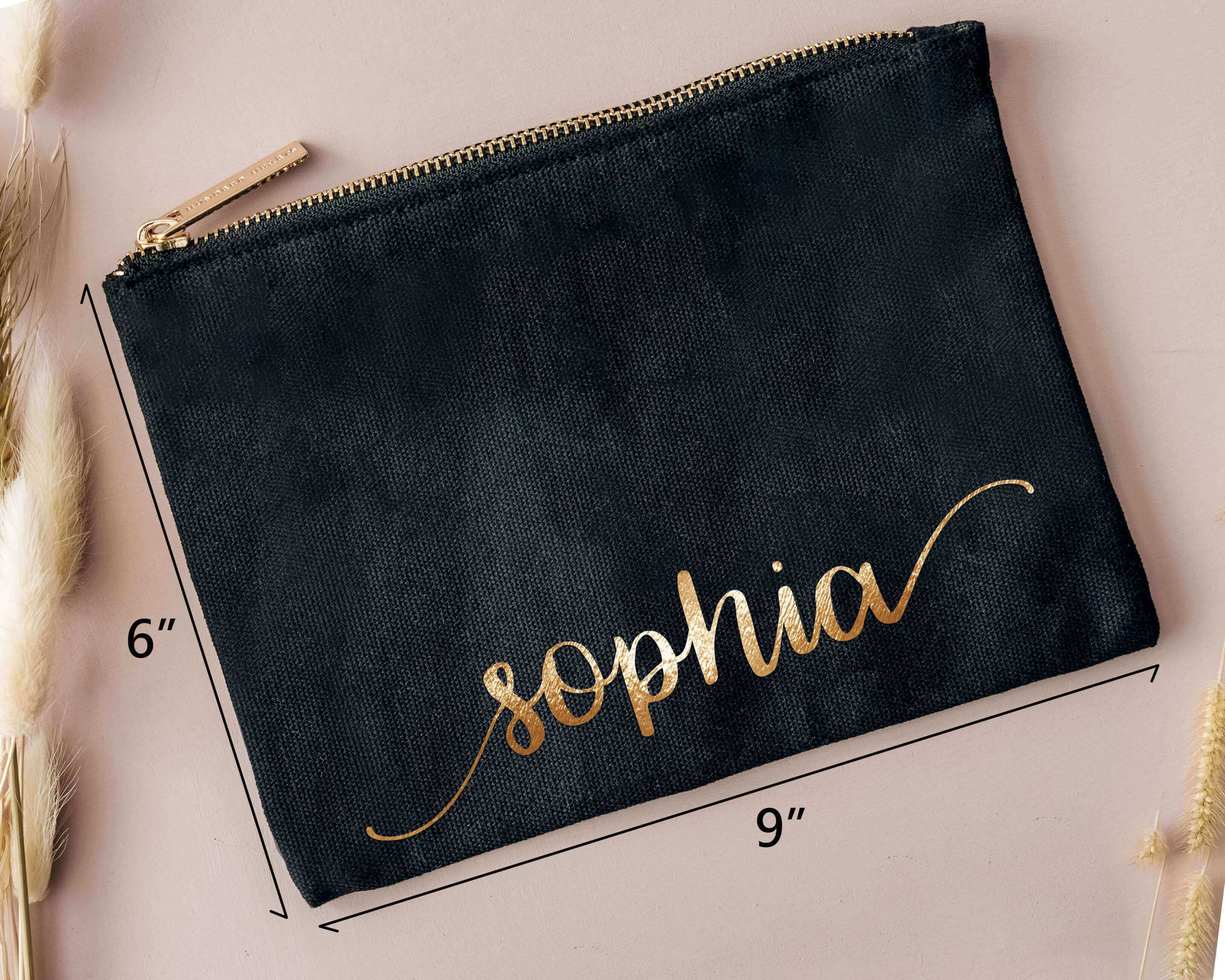 Personalized Bridesmaid Makeup Bag - Black Makeup Bag with gold color monogram and detial dimention.