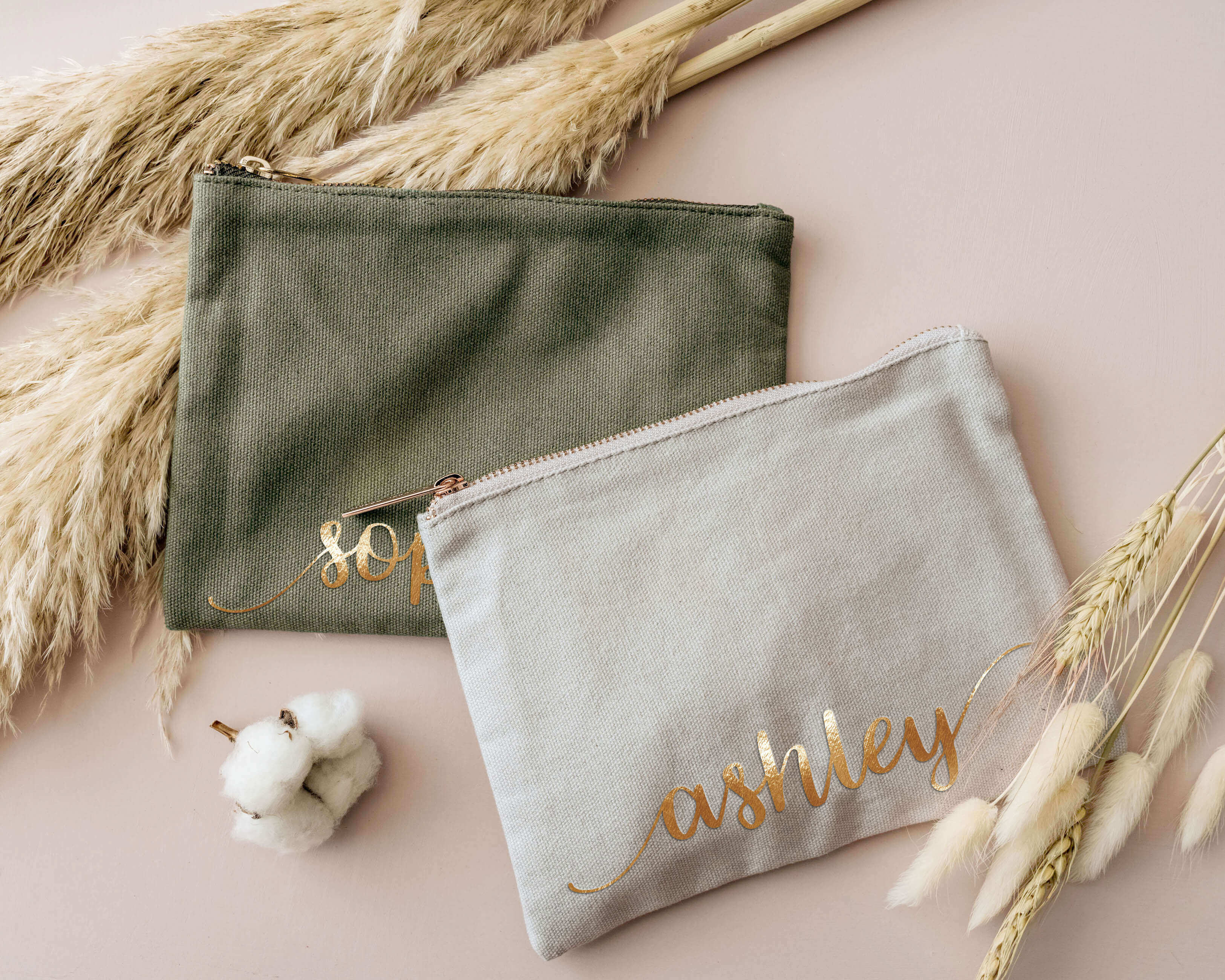 Personalized Bridesmaid Makeup Bag - Sage, Gray Makeup Bag with gold color monogram for bridesmaid Gift.