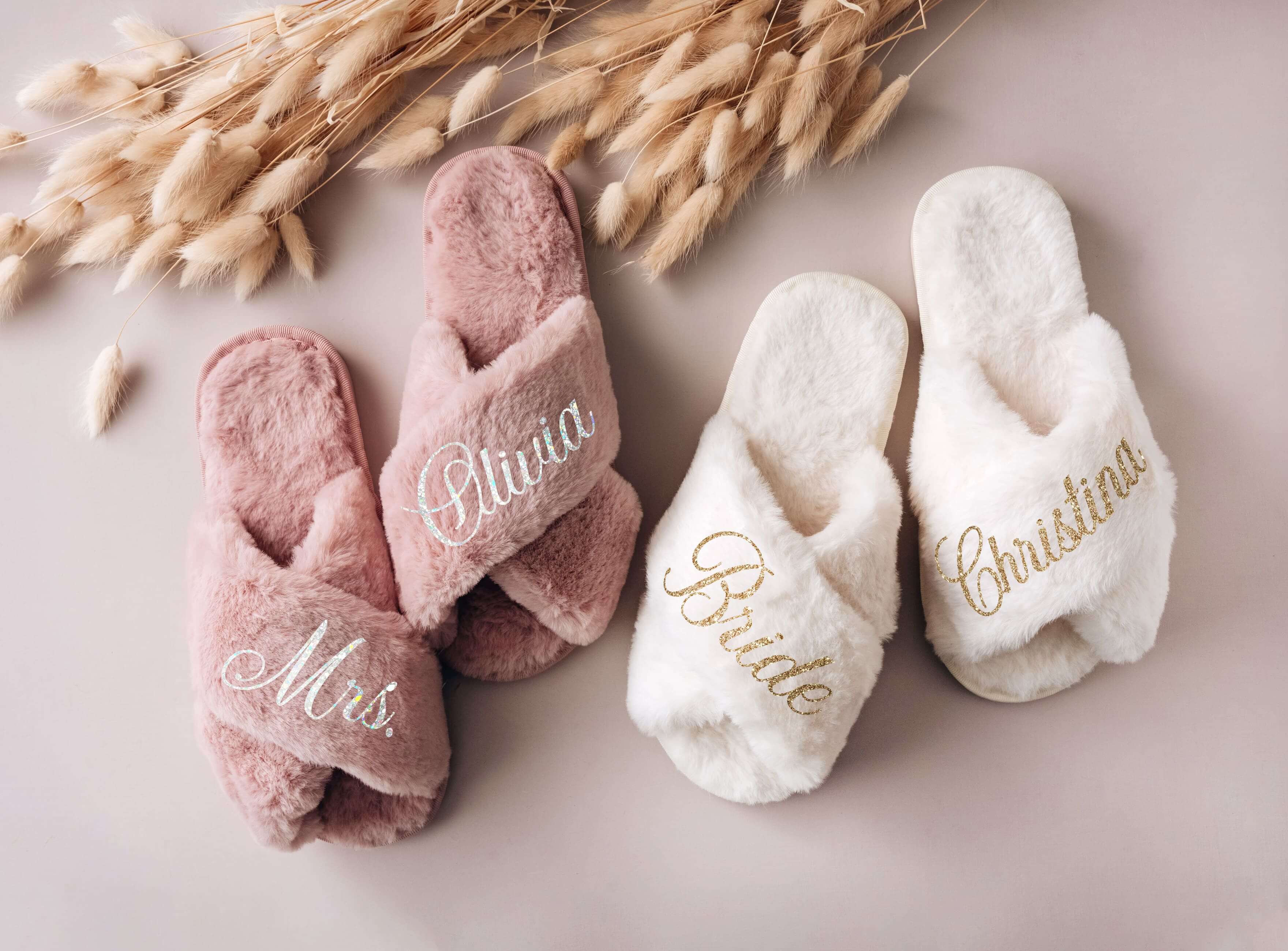 Bridesmaid Slippers - White, nude pink custom bridesmaid & bridal slipper with monogram