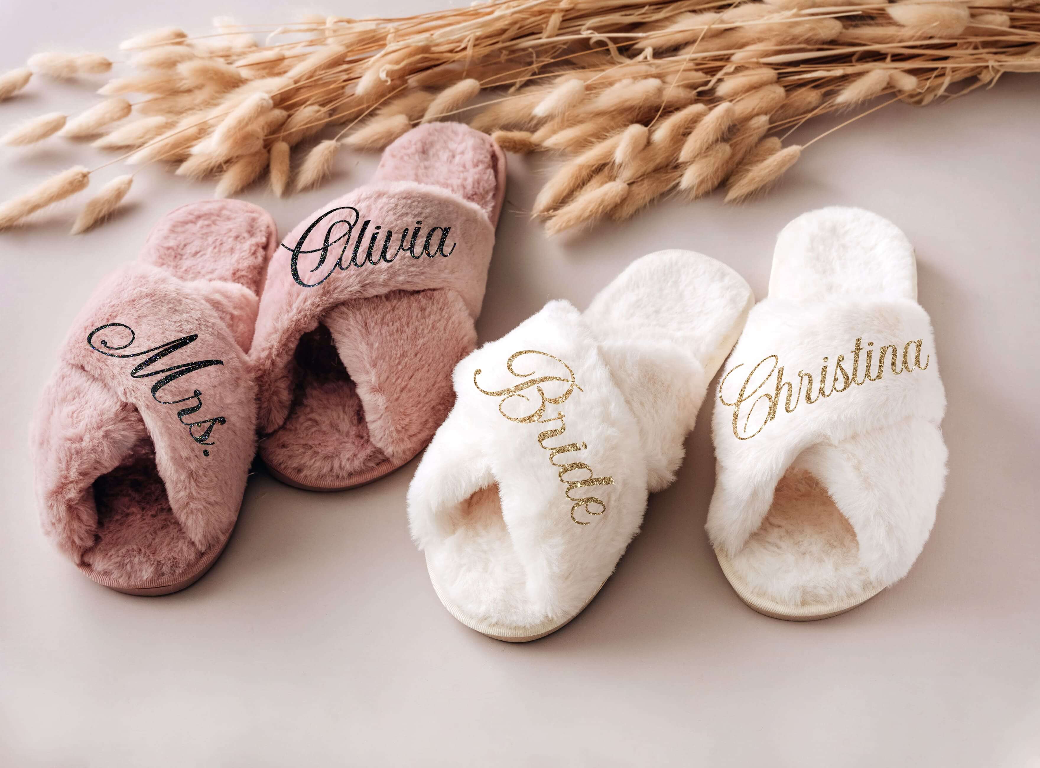 Bridesmaid Slippers - White, nude pink custom bridesmaid & bridal slipper with monogram