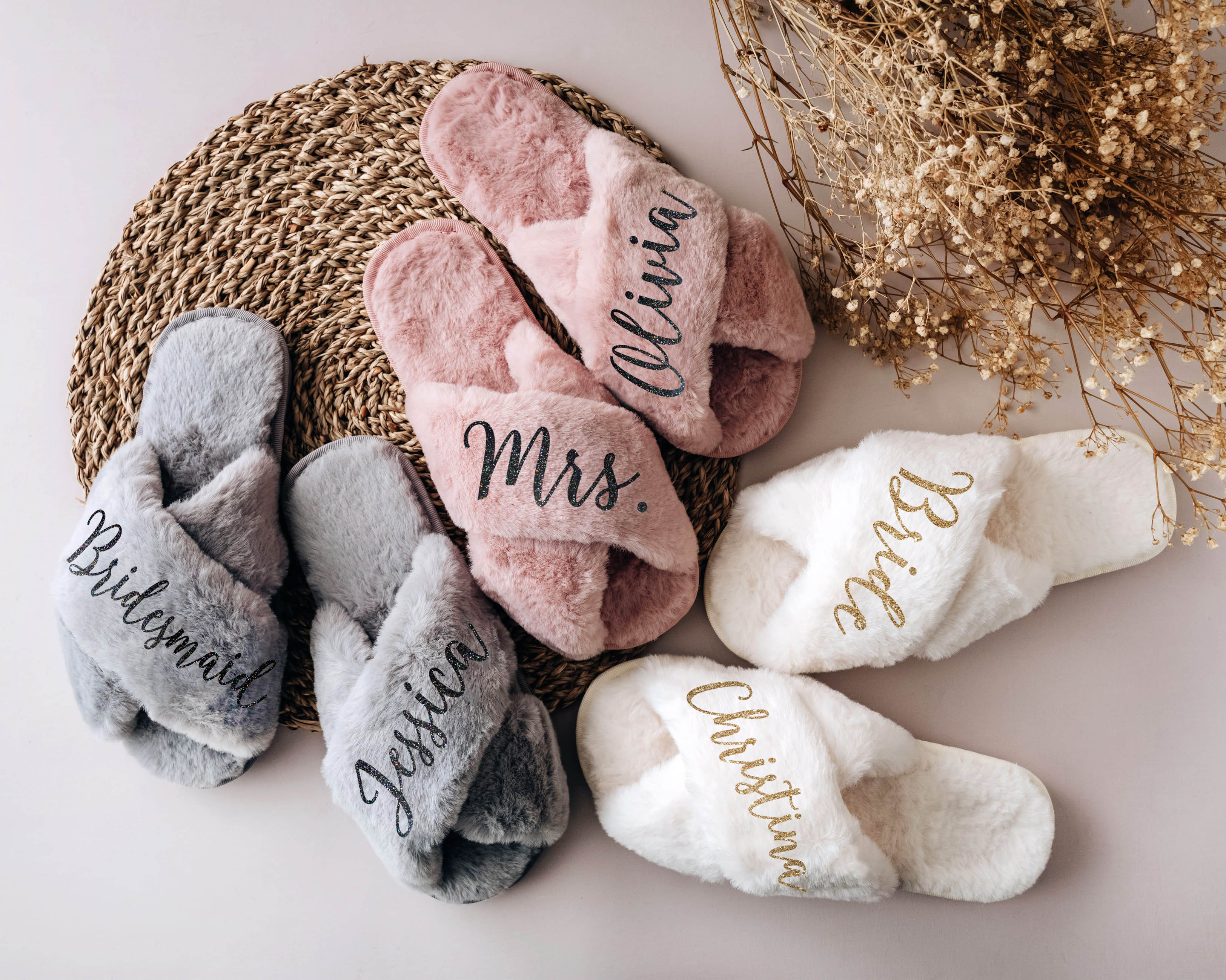 Bridesmaid Slippers - Gray, white, nude pink custom bridesmaid & bridal slipper with monogram